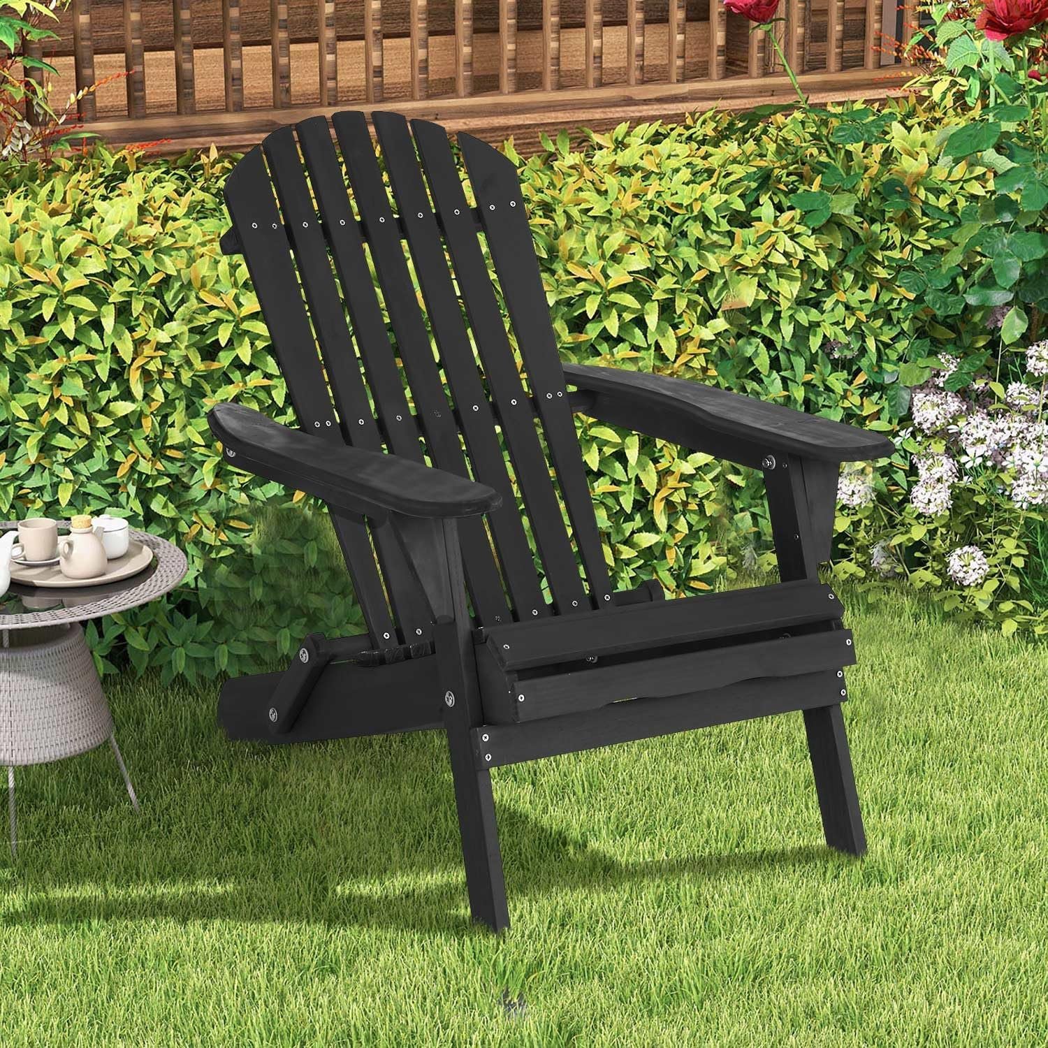 Foldable Adirondack Chair, All-Weather Adirondack Chairs Lawn Chairs Outdoor Patio Chairs with Wide Armrest, Solid Wood Outdoor Chairs Set Fire Pit Chairs Front Porch Chairs, 350 Lbs, Black