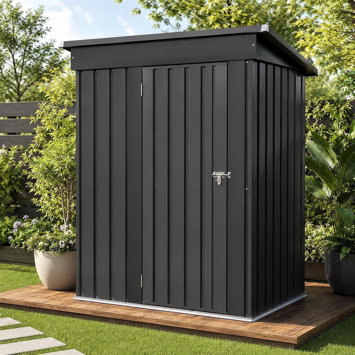 5×3 FT Outdoor Storage Shed, Metal Tool Shed with Sloping Roof and Lockable Door, Waterproof Garden Shed for Backyard, Patio, Lawn and Outdoor Storage, Black