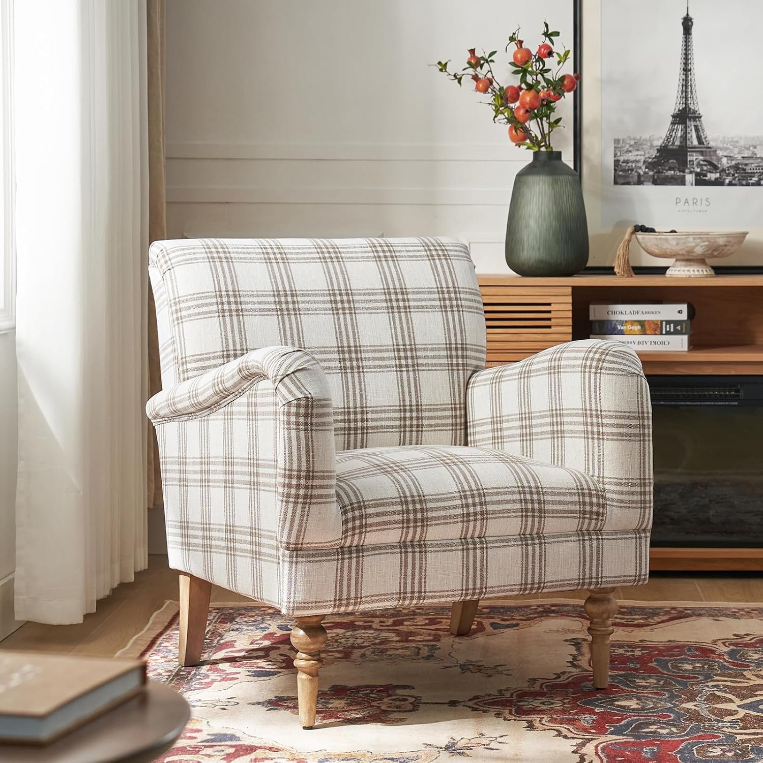 HULALA HOME Modern Accent Chair with Arms and Wooden Legs, Comfy Upholstered Armchair for Living Room, Bedroom (Plaid Pattern, Tan)