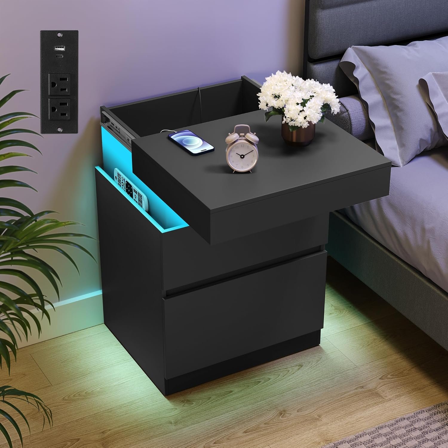 VASAGLE Kailyn Collection – Nightstand with Power Outlets, Sliding Lid, Modern Bedside Table with LED Lights, End Table, 2 Drawers, 15.7 x 18.9 x 26.8 Inches, Ink Black ULET650BC01S
