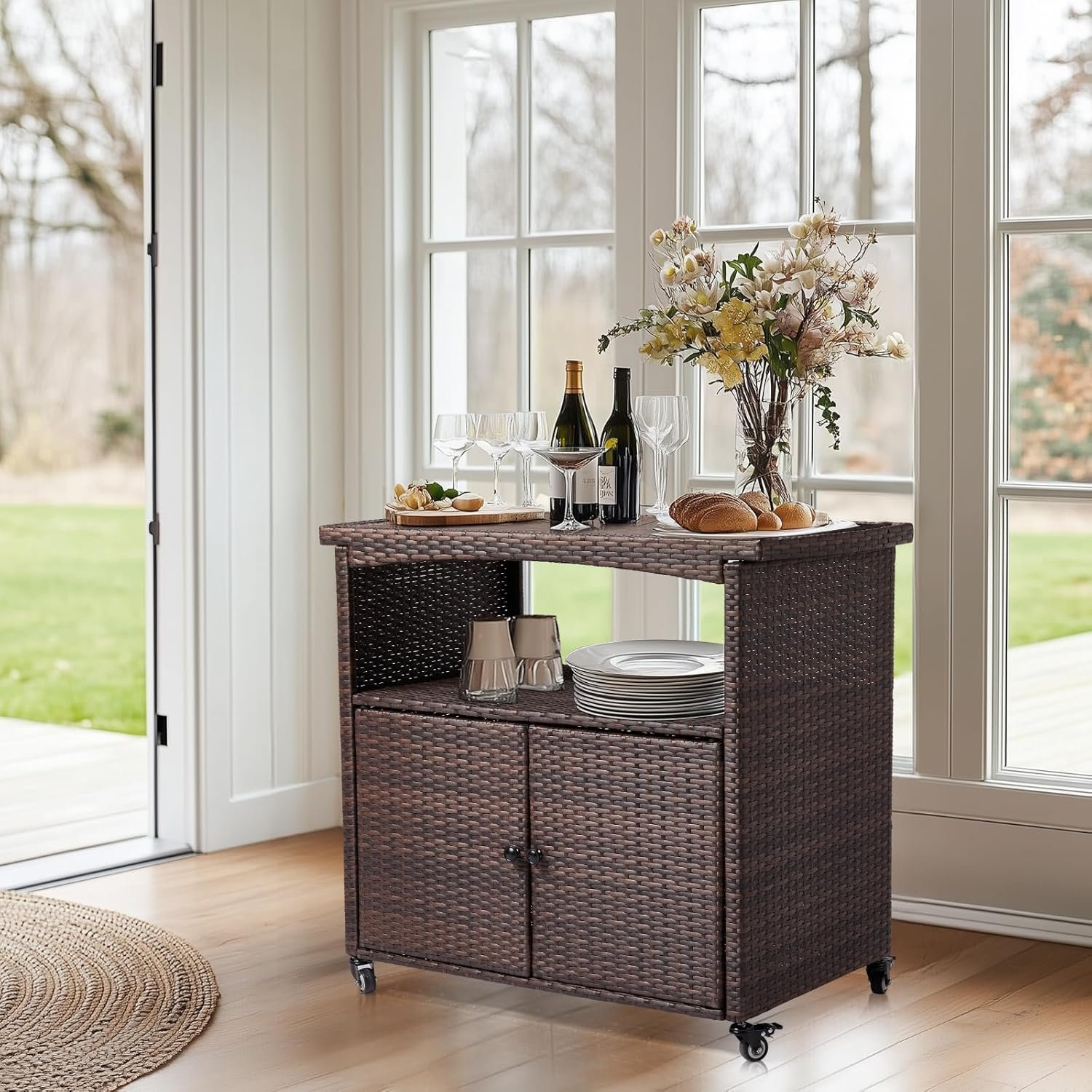 VINGLI Outdoor Storage Cabinet with Wheels, Waterproof Woven Rattan with Double Magnetic Doors, Mobile Multi-Purpose Cabinet for Storage, Buffet Server, Bar Table, Potting Bench (Wood Top)