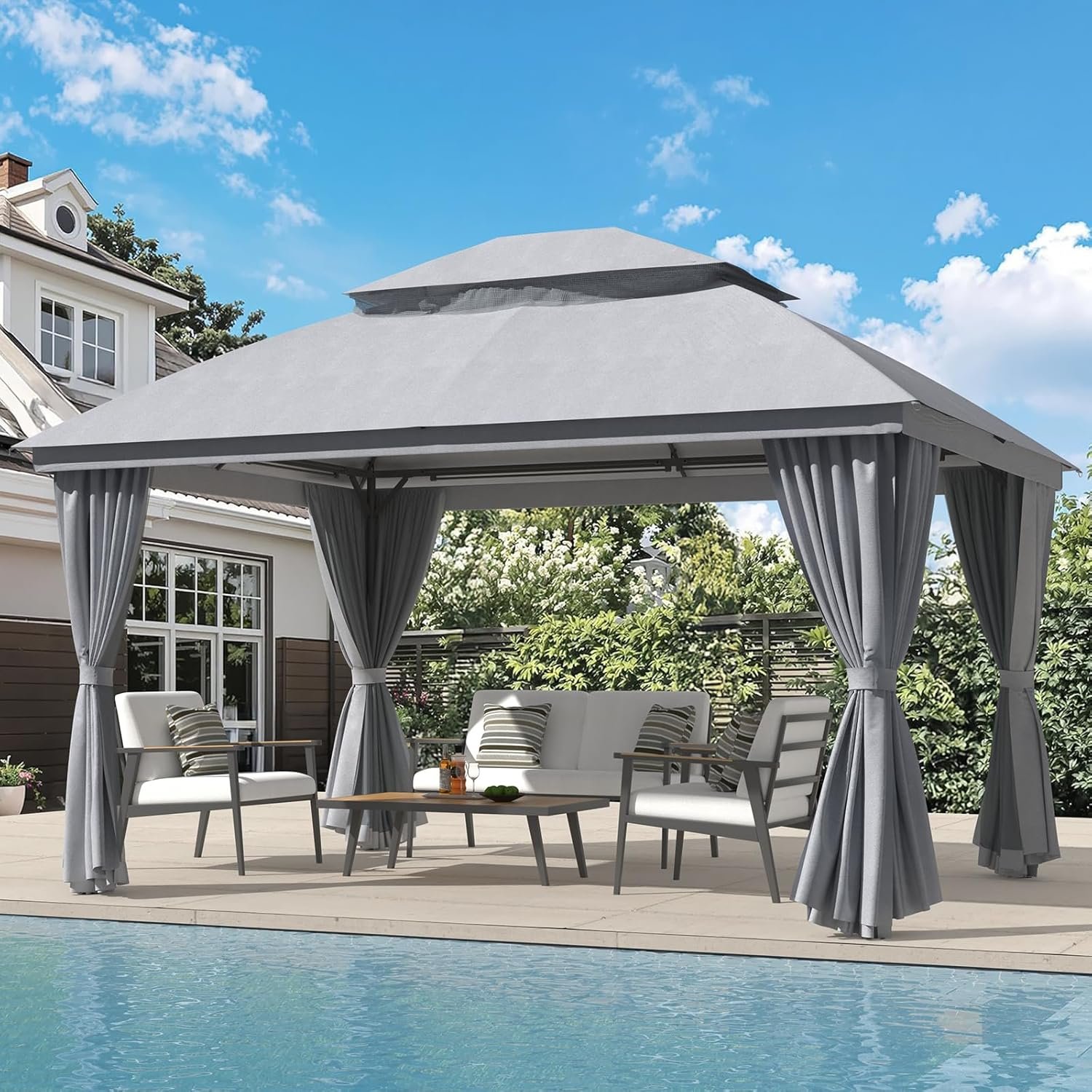 LuxaDomus Outdoor Gazebo 10’×13’ for Patio, Metal Frame Canopy with Double Roofs, Heavy Duty Party Tent with Mosquito Netting and Curtains for Backyard, Garden, Lawn and Deck, Grey