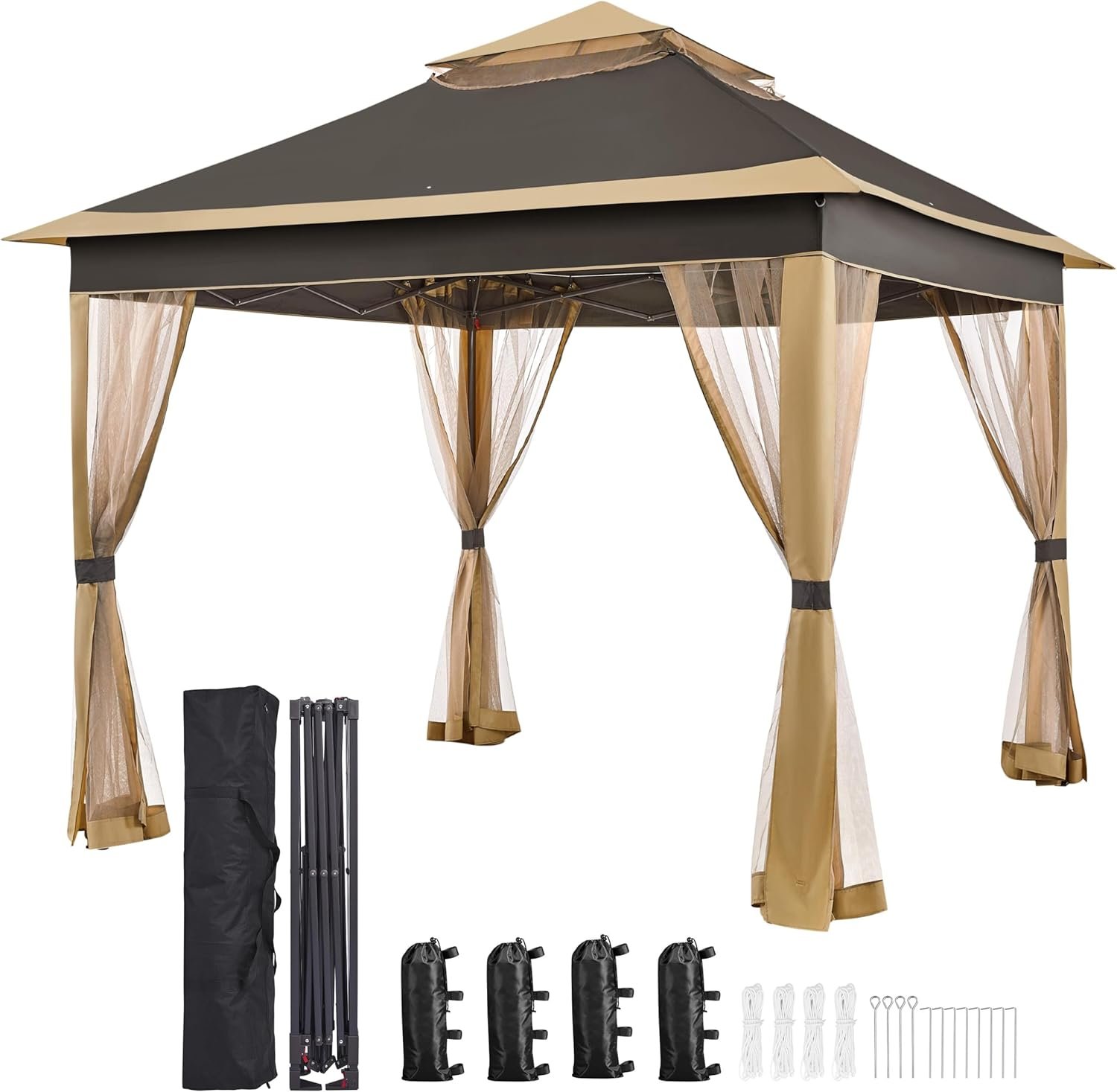 Yaheetech 11×11 Pop Up Gazebo Outdoor Canopy Shelter, Instant Patio Gazebo Sun Shade Canopy Tent with 4 Sandbags, 2 Tiers Roof & Mesh Netting for Lawn, Garden, Backyard & Deck, Brown