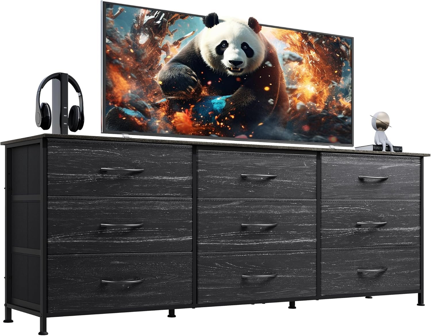 WLIVE 63”W Dresser for Bedroom, Black Dresser TV Stand for 65, 70, 75 inch TV, Wide Chest of Drawers with 9 Drawer, Large Entertainment Center, Fabric Dressers with Wood Top for Closet, Living Room