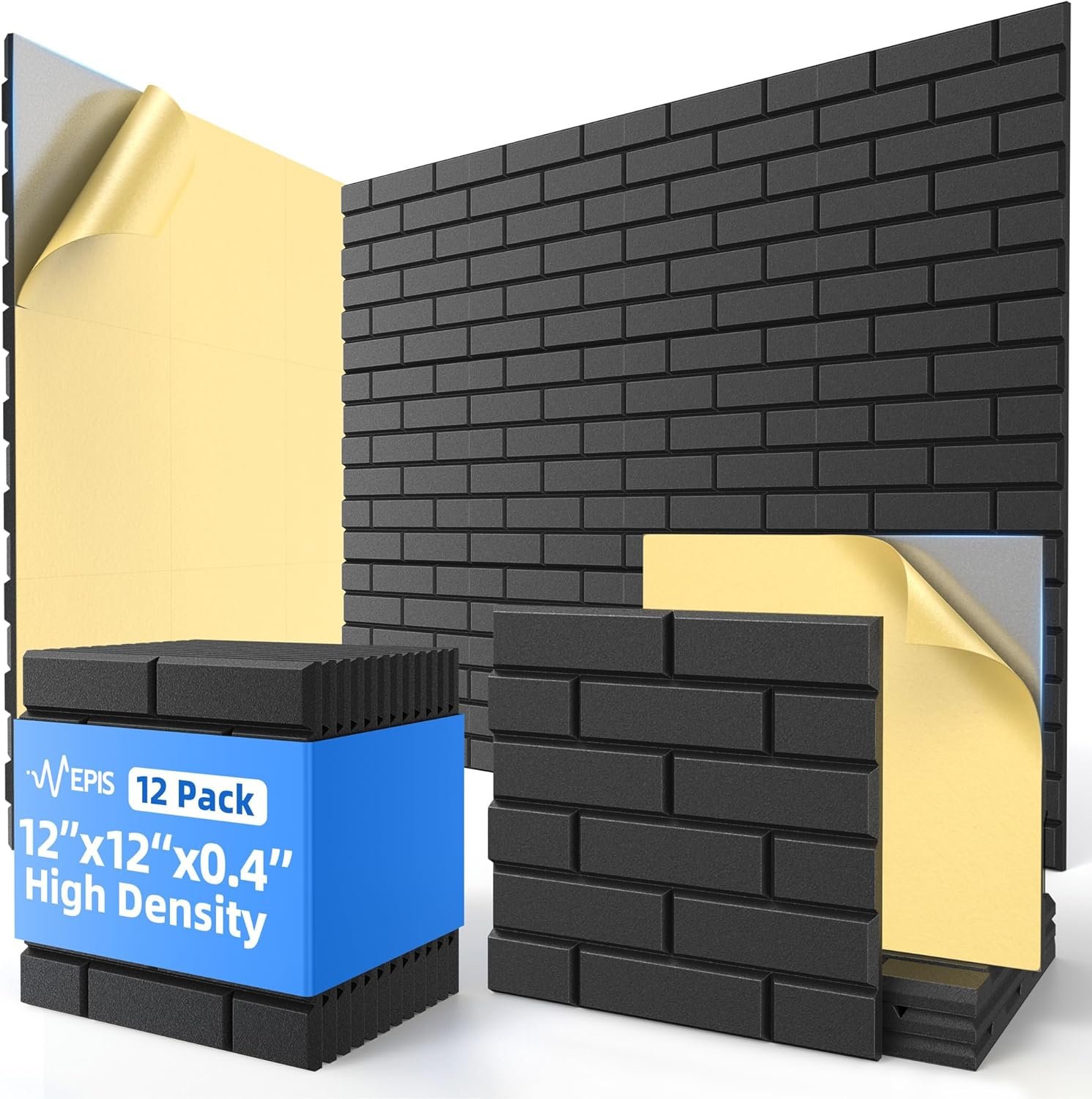12 Pack Acoustic Panels with Self Adhesive, 12″ X 12″ X 0.4″ High Density Sound Proof Foam Panels for Walls, Soundproof Wall Panels, Brick Sound Absorbing Panels for Home Studio Office Decor – Black