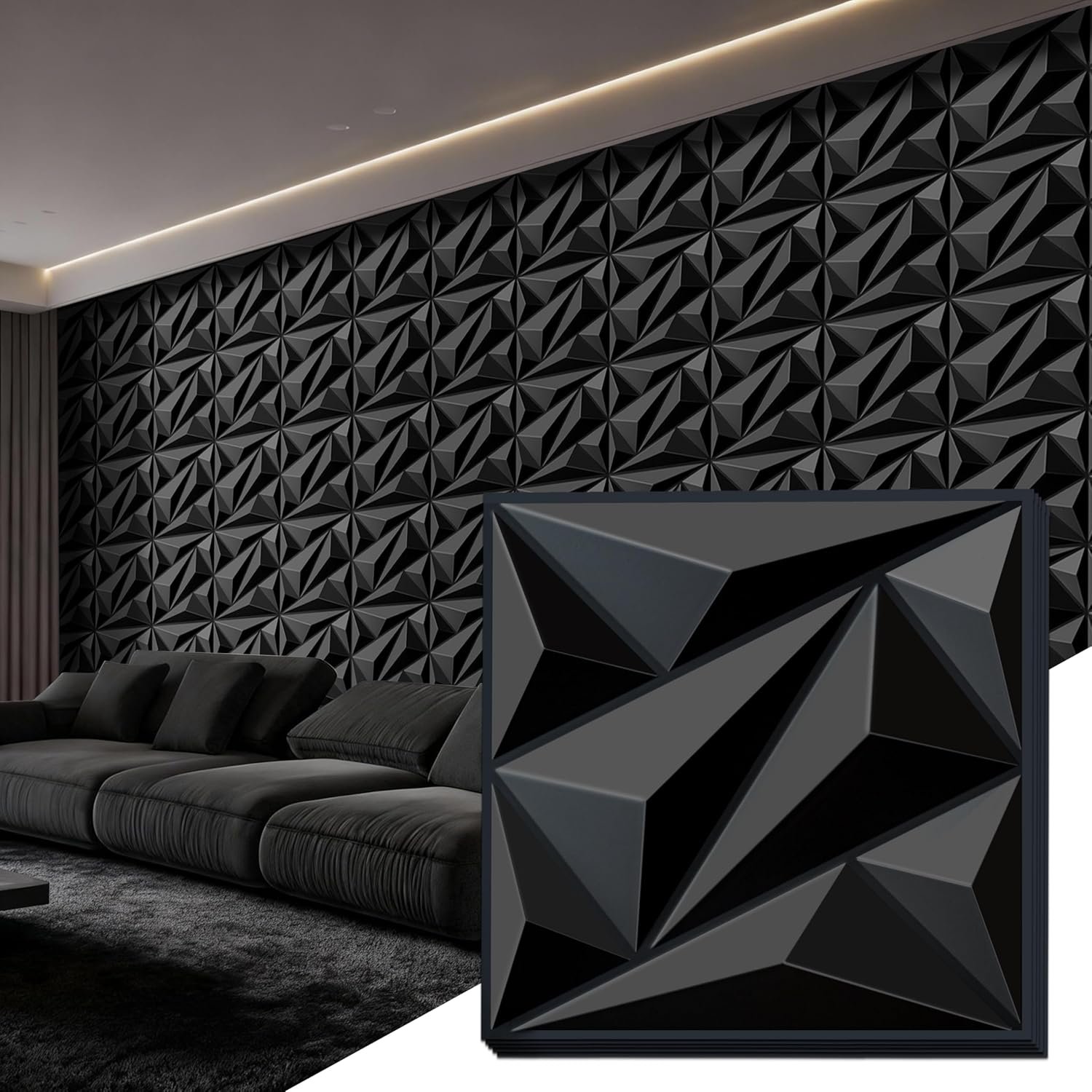 3D Wall Panel for Interior Wall Decor, PVC Wall Panels for Living Room Bedroom Game Room, Black Wall Panels for Lobby Hotel Office, 12”x12” Cover 19.Sq.Ft.(20 Packs)