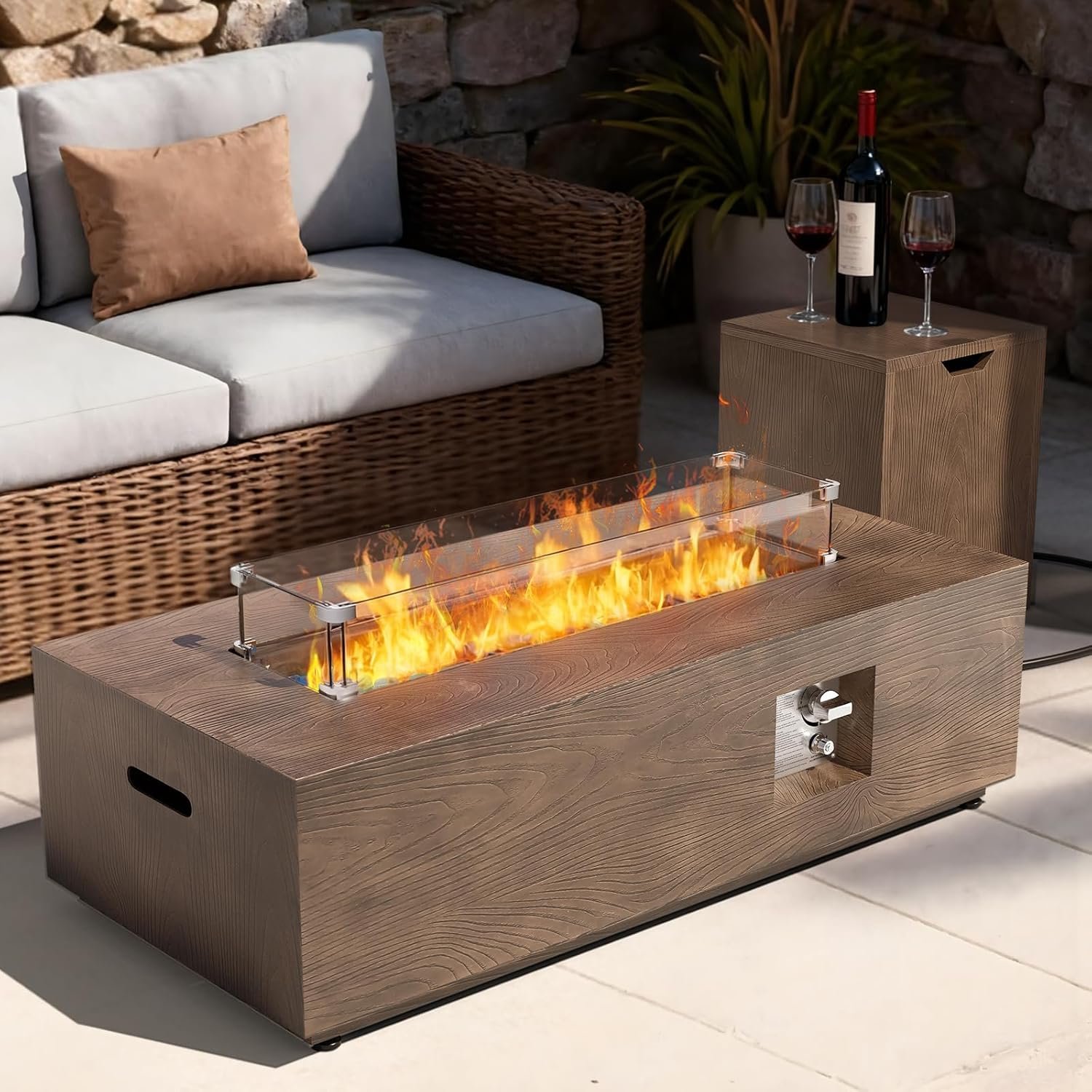 2-Piece 42″ Rectangular Propane Fire Pit for Outside Patio with Hidden Tank Table, 50,000 BTU Fireplaces with Glass Wind Guard, Lid, Glass Rocks, Cover(Walnut Wood Grain)