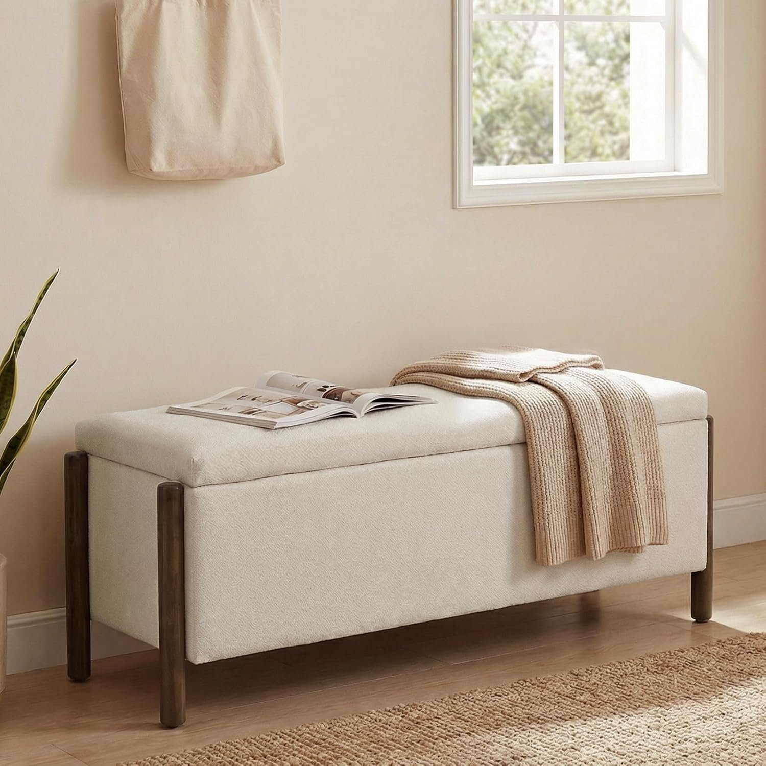 Usaint Wooden Storage Ottoman Bench, 47″ Fabric Upholstered End of Storage Bench with Rubberwood Legs, Entryway Bench with Storage for Bedroom, Living Room, Reception, Cloakroom, Beige