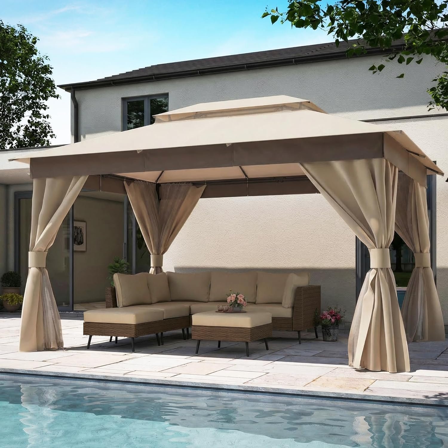 LAUSAINT HOME 10’x13′ Outdoor Gazebo, Upgraded Metal Frame Heavy Duty Patio Canopy Tent Shelter with Double Roofs, Mosquito Nettings and Privacy Screens for Backyard, Garden, Lawn, Khaki
