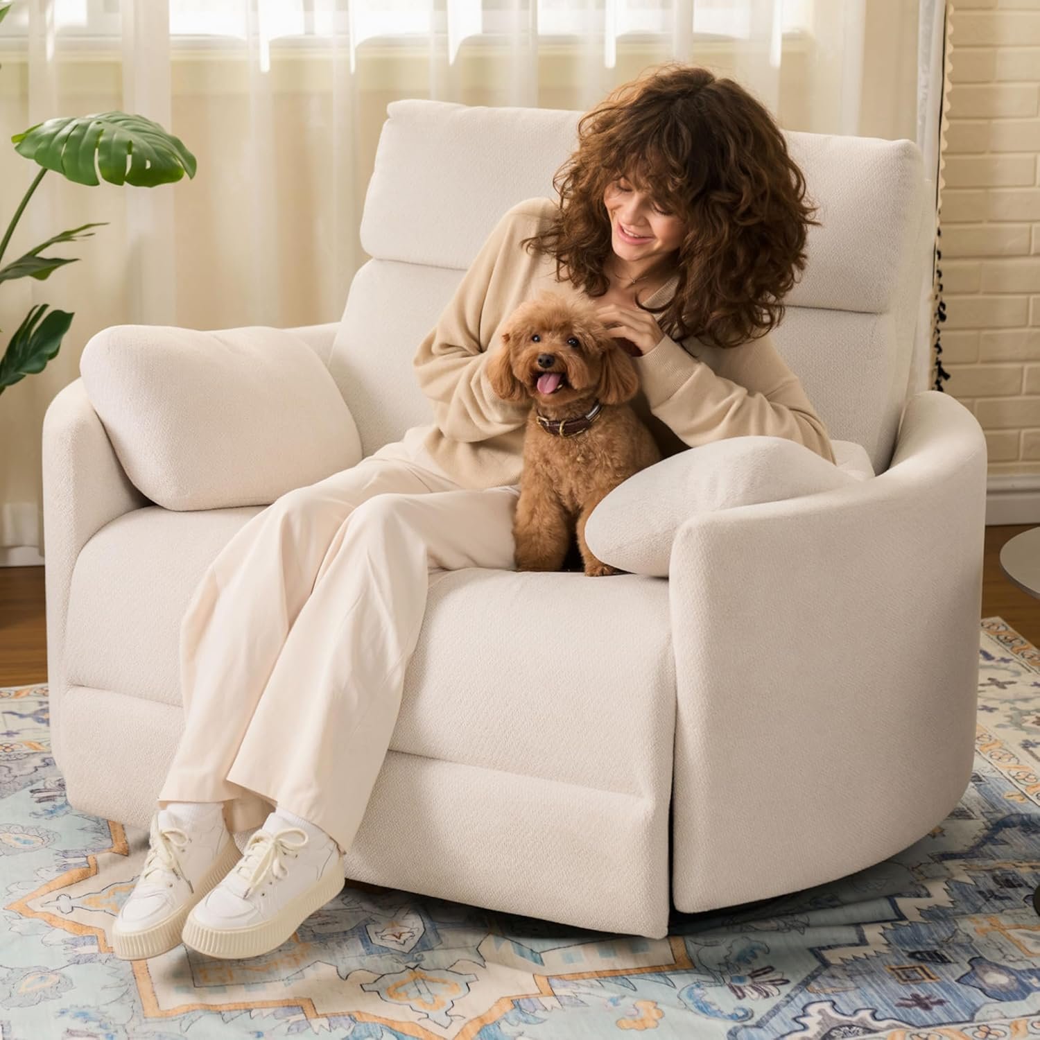 FLEXISPOT Mochi Oversized 54″ Power Recliner Chair for Big and Tall Adults, Chenille Fabric Electric Recliner with USB & Type-C Ports, Wide Single Sofa with Pillows for Living Room & Bedroom, Beige