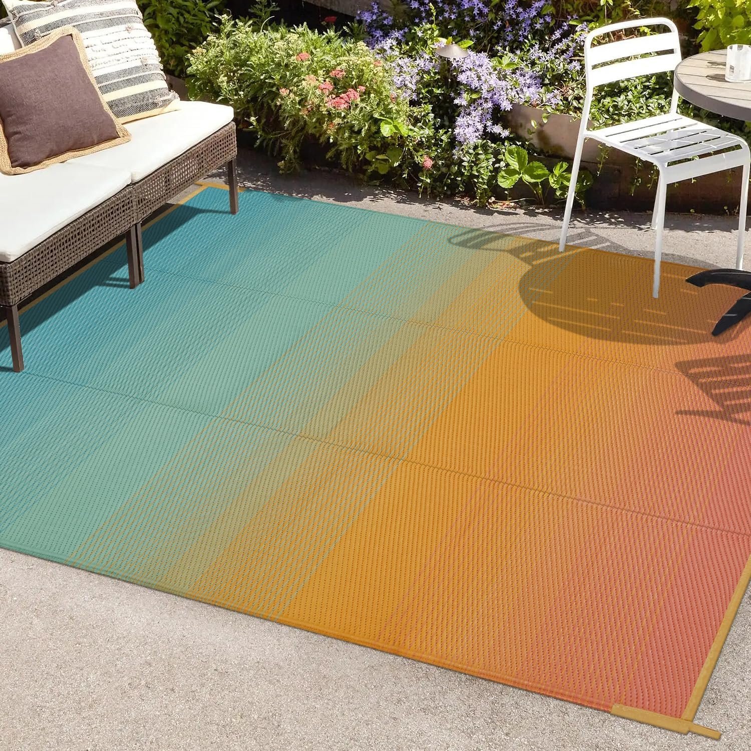 Anidaroel 6x9ft Ombre Outdoor Rug for Patios Clearance, Waterproof Outdoor Plastic Straw Mat, Outdoor Area Rug for Patio, Large RV Outdoor Rugs for Camping, Backyard(Orange&Blue, 6’x9′)