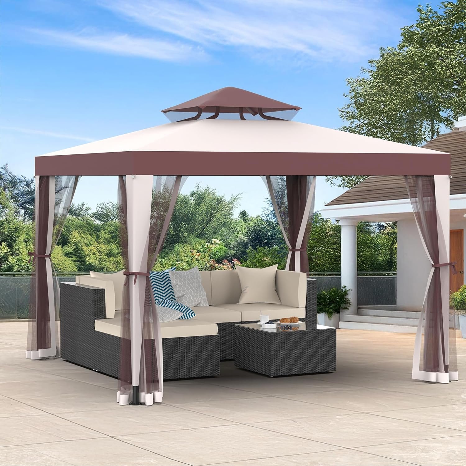 Gazebo, 10’x10′ Patio Gazebo Outdoor Waterproof Canopy Tent UV-Resistant 2-Tier Top Sturdy Canopy Shelter Tent for Camping with Removable Netting for Garden Patio Backyard (Red & Brown, 10′ x 10′)