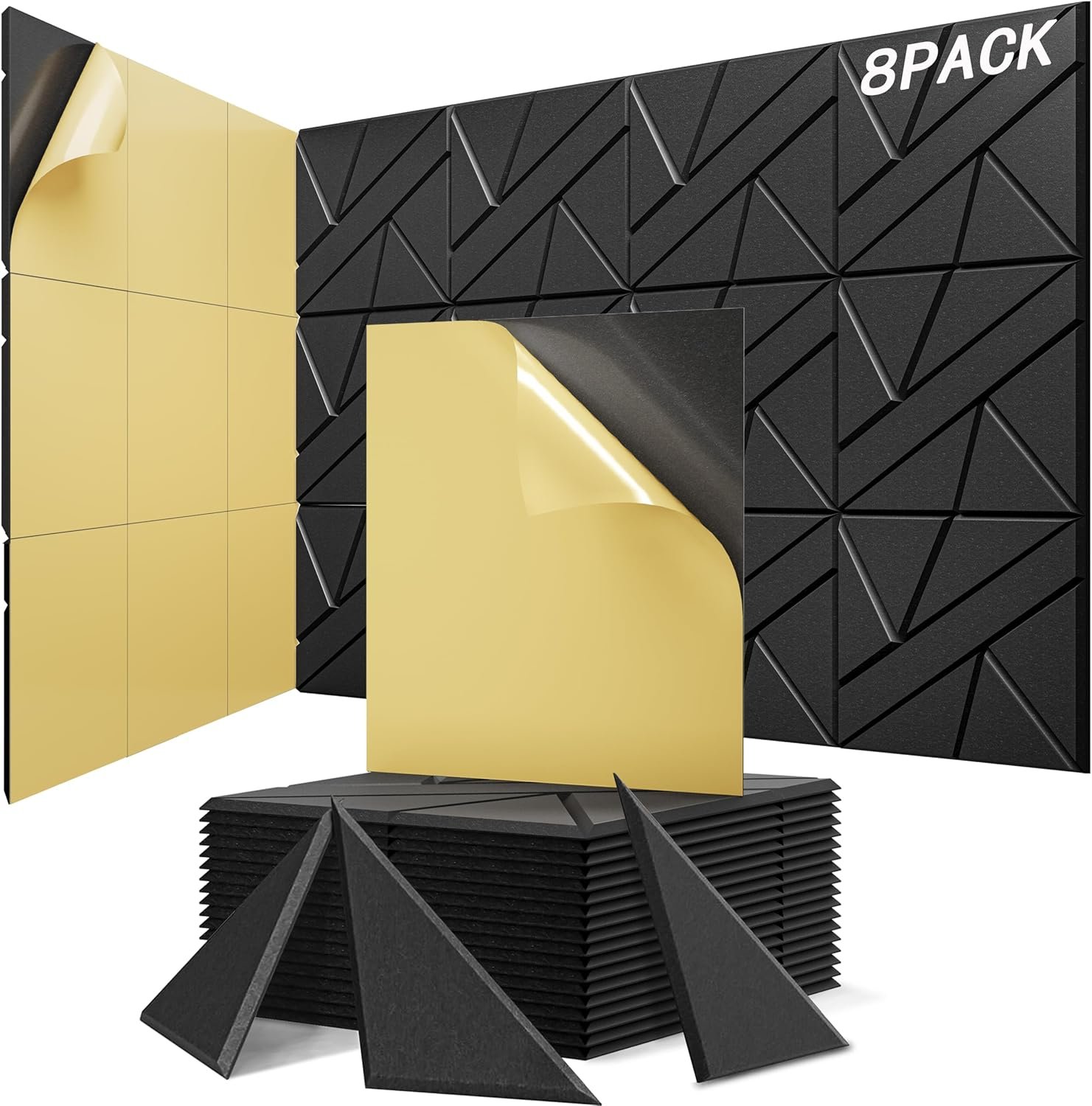 8 Pack Sound Proof Wall Panels with Self Adhesive, 12 x 12 x 0.47 in Soundproof Foam Acoustic Panels for Walls, Peel and Stick High Density Sound Wall Panel for Home Studio Office Decor-Black