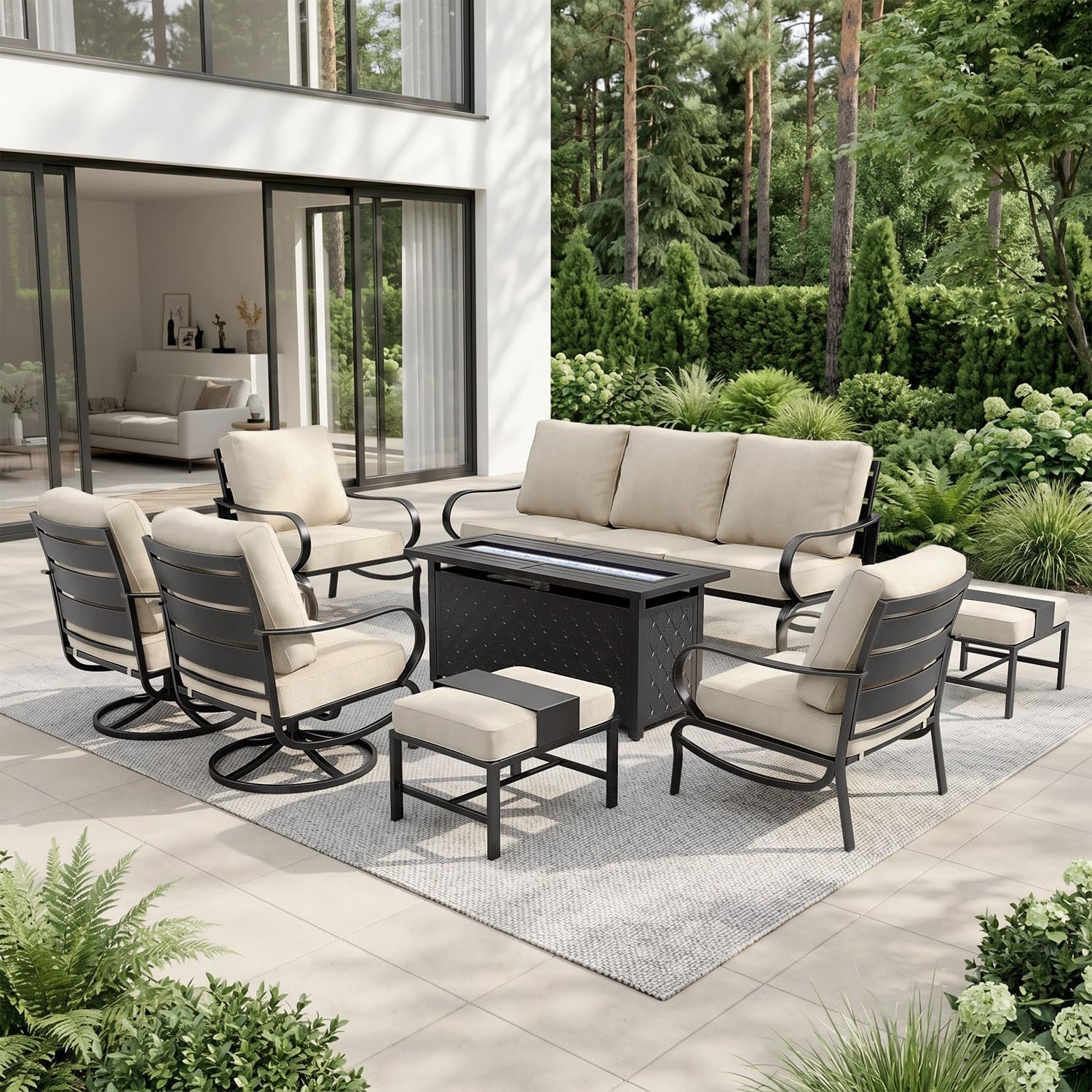 Sophia & William Patio Furniture Sets for 9 with 45″ Gas Fire Pit Table Outdoor Conversation Sets 8 Pcs, 2xSofa Chairs, 2xSwivel Cushion Chairs, 1×3-Seat Sofa, 2xOttomans for Porch Poolside Beige