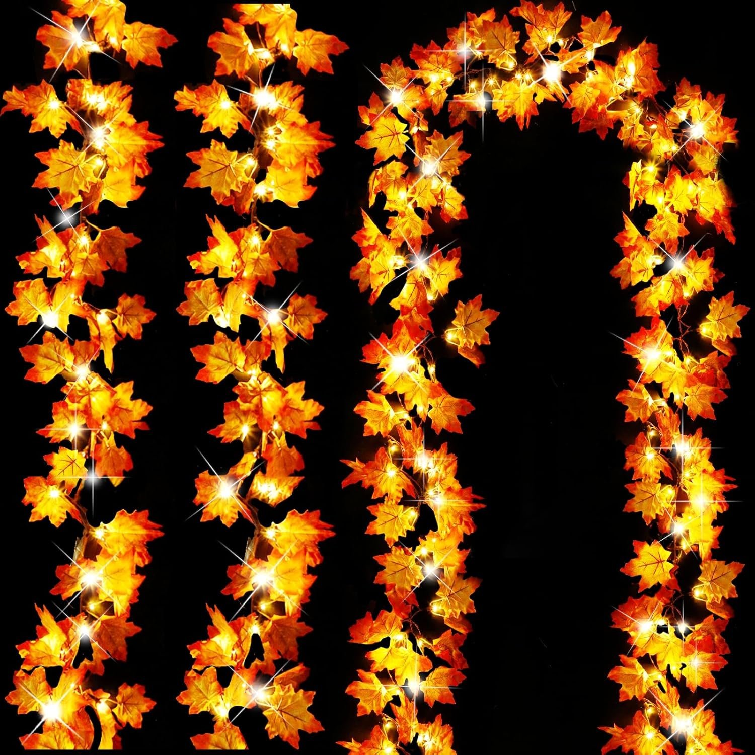 Timer&3 Pack – 30Ft Fall Decor Fall Garland with Lights Fall Decorations for Home, 60LED Patented Realistic Maples Leaves Garland Battery Operated Indoor Outdoor Christmas Thanksgiving Halloween Decor