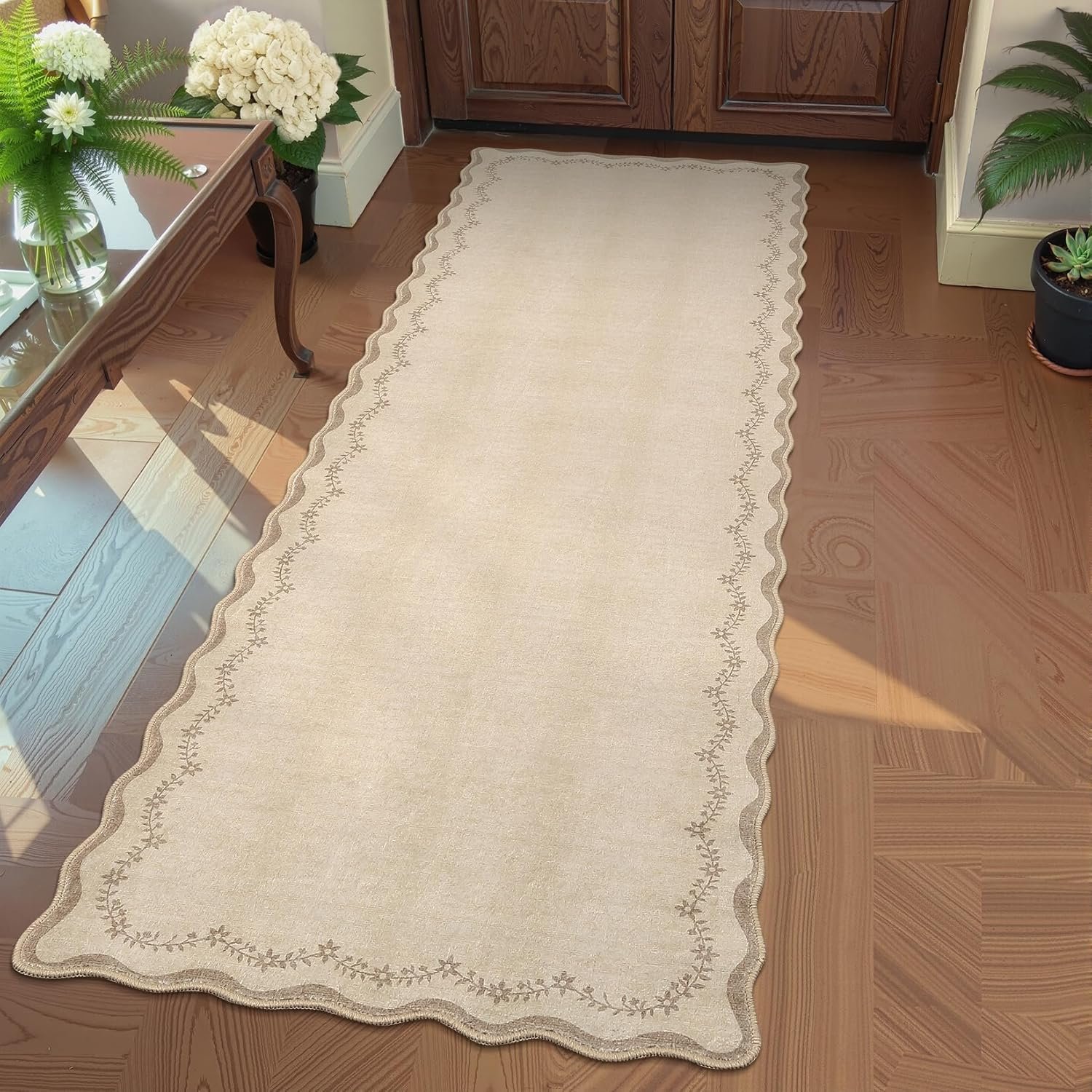 GarveeHome 2×6 Scalloped Washable Runner Rug for Kitchen, Soft Tan Jute Hallway Runner Non Slip Entryway Rug Farmhouse Thin Laundry Mat Stain Resistant Carpet for Bedroom Bathroom Beside Rug