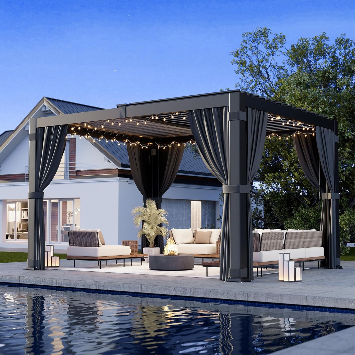 Airwire 10×12 FT Louvered Pergola, Metal Outdoor Pergolas with Adjustable Roof, Hardtop Gazebo with Waterproof Curtains & Netting for Deck, Patio, and Backyard