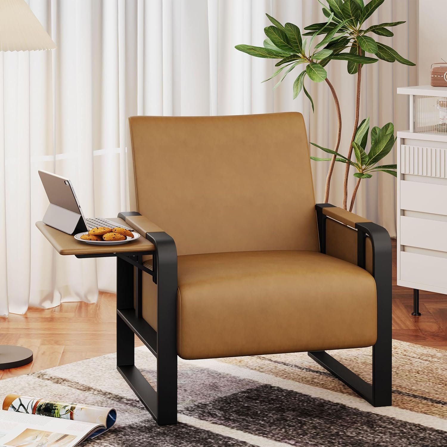 Andeworld Modern Accent Chair, Mid Century Living Room Armchair, Upholstered PU Sofa Side Chair with Side Table for Reading,Working,Office,Apartment,Brown