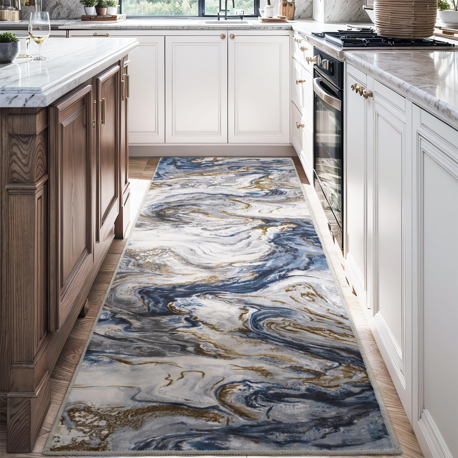 2×6 Runner Rug for Hallways Kitchen Modern Abstract Washable Runner Rug Blue Soft Non Slip Marble Carpet Runner for Laundry Entryway Bedroom Bathroom