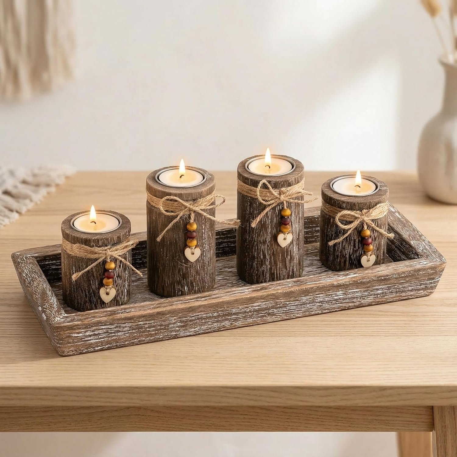 Farmhouse Coffee Table Decor Candle Holder – Romadedi Boho Wooden Tray with 4 Tealight Candles Holders for Tables Centerpiece Home Decorations Living Room Fireplace Kitchen