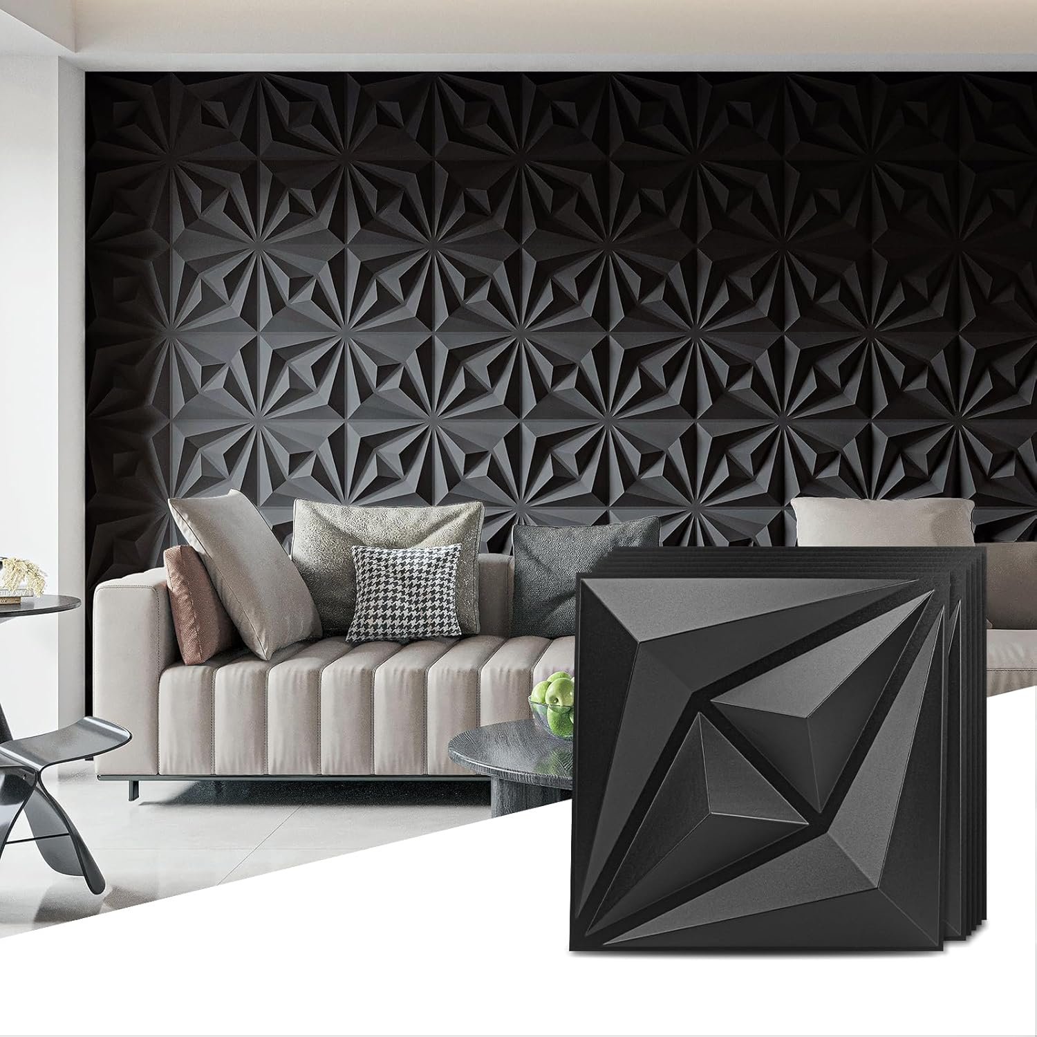 AMZDEPOT 3D Wall Panels for Interior Wall Decor, 3 Layout Options PVC Textured Wall Art Decor for Living Room Bedroom TV Background Gaming Room, 12”x12”, 20 Pcs Black