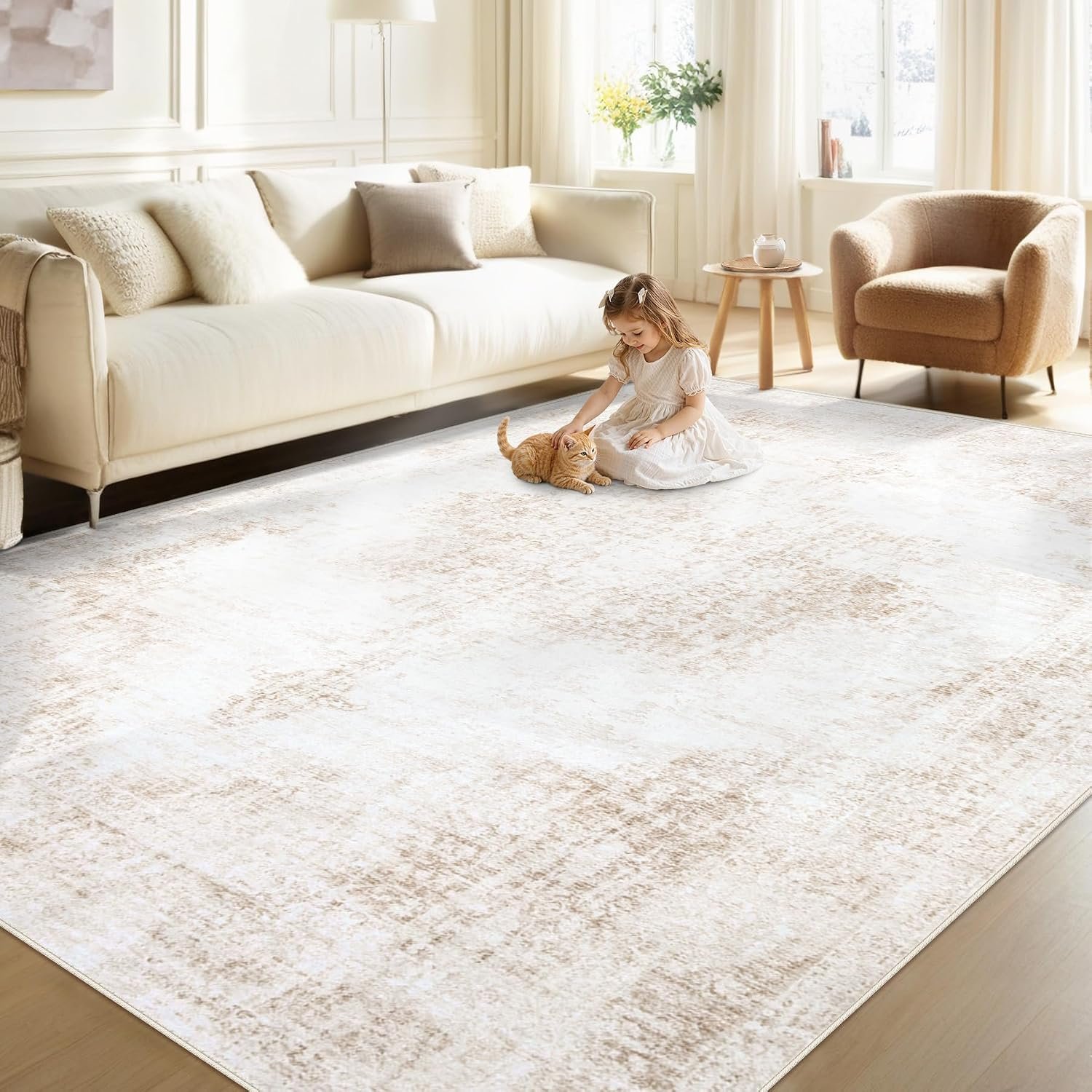 Area Rug 5×7 Vintage Rug: Washable Living Room Rugs Retro Medallion Distressed Large Rugs Soft Low Pile Non-Slip Indoor Floor Carpet for Bedroom Kitchen Nursery Dining Table Office (Beige, 5’x7′)