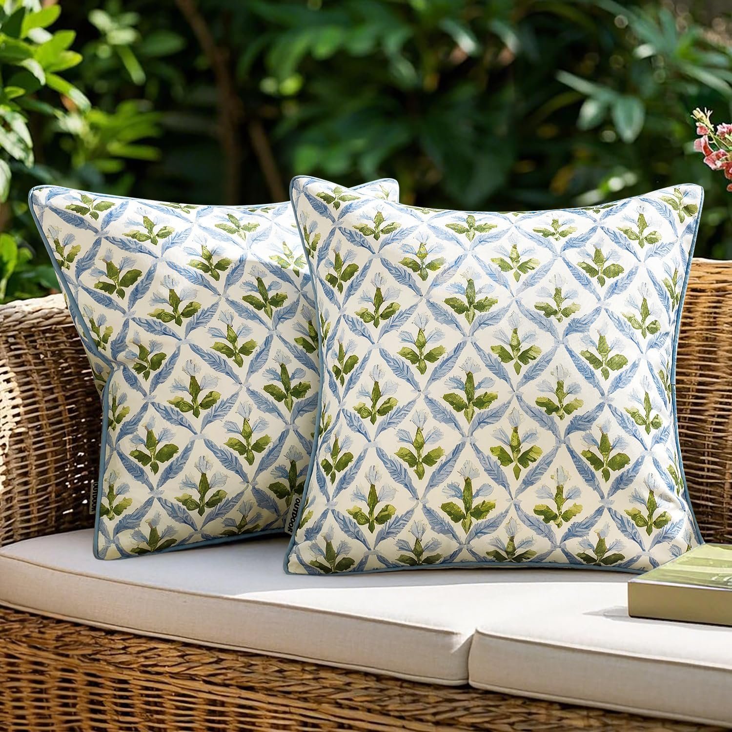 MIULEE Floral Decorative Pillow Covers Set of 2,Block Print Throw Pillow Covers Outdoor Boho Farmhouse Vintage Coastal Summer Accent Cushion Covers for Couch paito Garden Sofa 18×18 Inch, Blue-Green