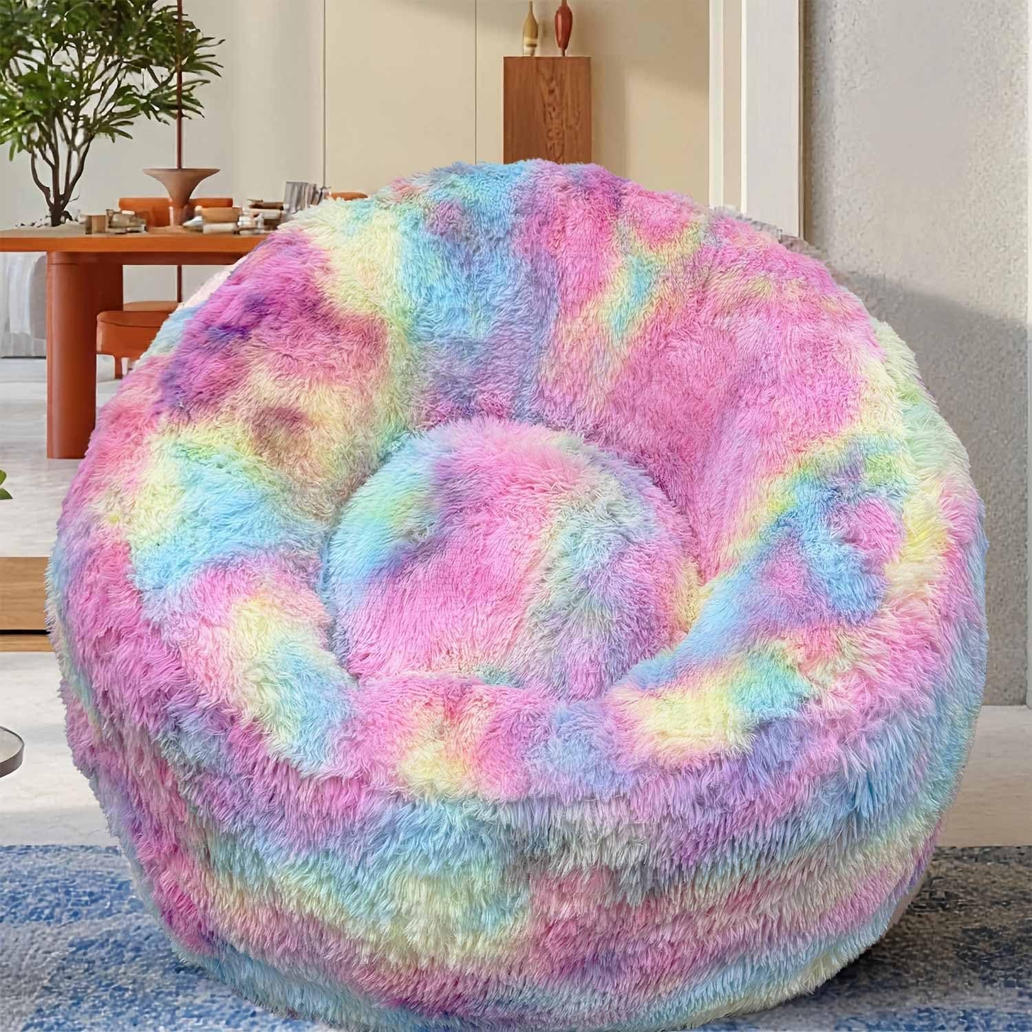 Plush Faux Fur Bean Bag Chairs, Memory Foam Filled Sofa Chair Shape Bean Bag for Adults/Teens/Kids, Ultra-Soft Lazy Sofa for Living Room Bedroom College Dorm, Rainbow