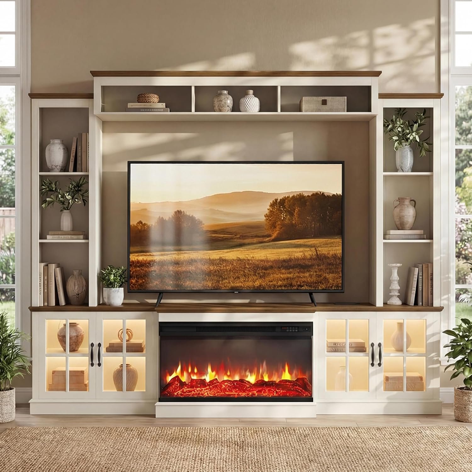 98” Farmhouse Entertainment Center with 36″ Fireplace, TV Stand, Bookshelf, Wine Cabinet, Fits TVs up to 75″, Wall Unit Media Console with Power Outlets and Barn Doors for Living Room, White