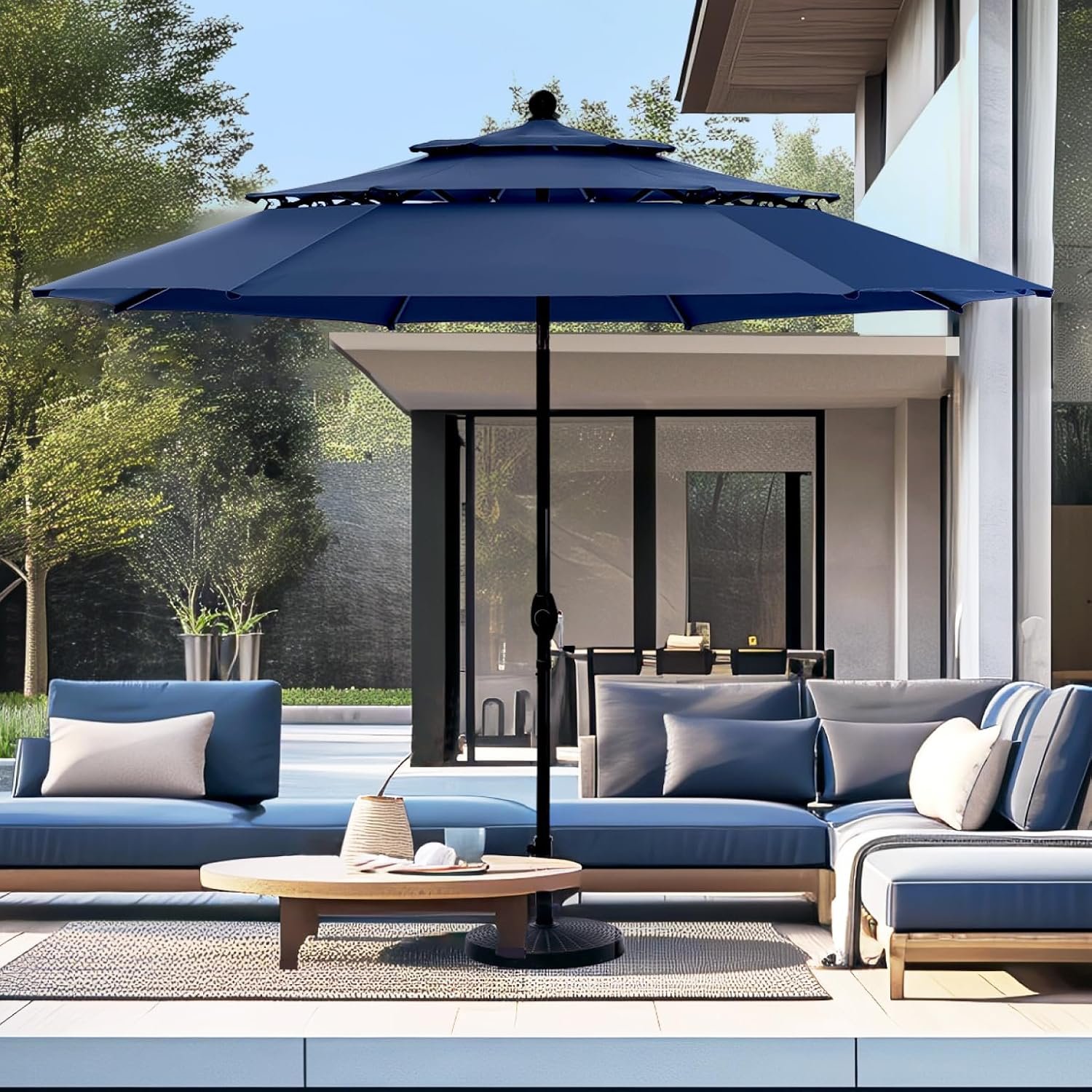 PHI VILLA 10ft Outdoor Patio Umbrellas for Outside, 3 Tier Vented Market Table Umbrella Windproof for Backyard, Deck, Garden, 1.5″ Pole, Dark Blue（No Base）