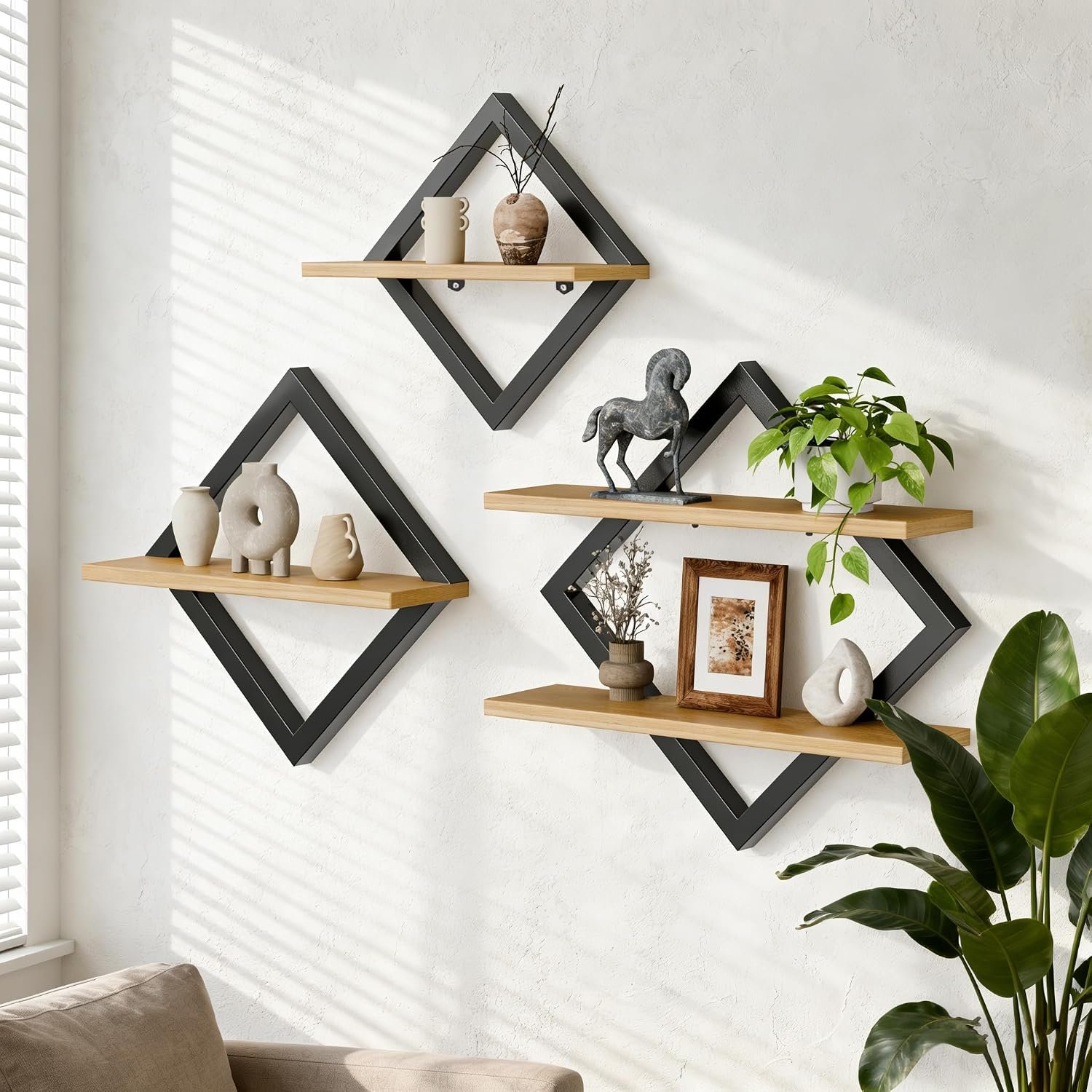 Set of 3 Floating Shelves for Wall – 2-Tier Diamond Shape Hanging Wall Mounted Shelves, Decorative Wall Shelves for Living Room, Bedroom, Bathroom & Kitchen, Rustic Brown (3)