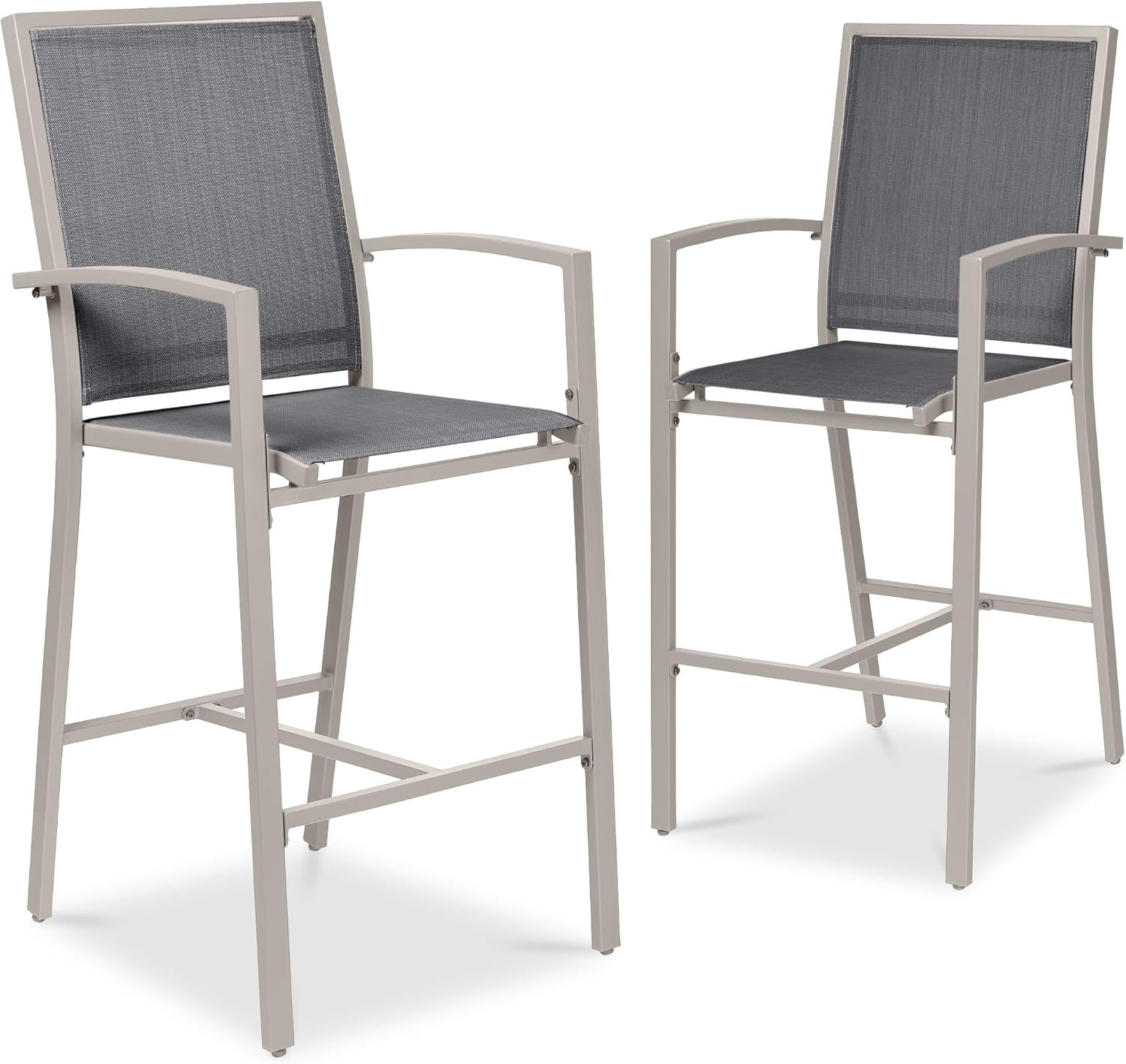 Best Choice Products Outdoor Bar Stools Set of 2, Bar Height, Patio Furniture, All Weather Mesh Design w/Armrest – Taupe/Charcoal