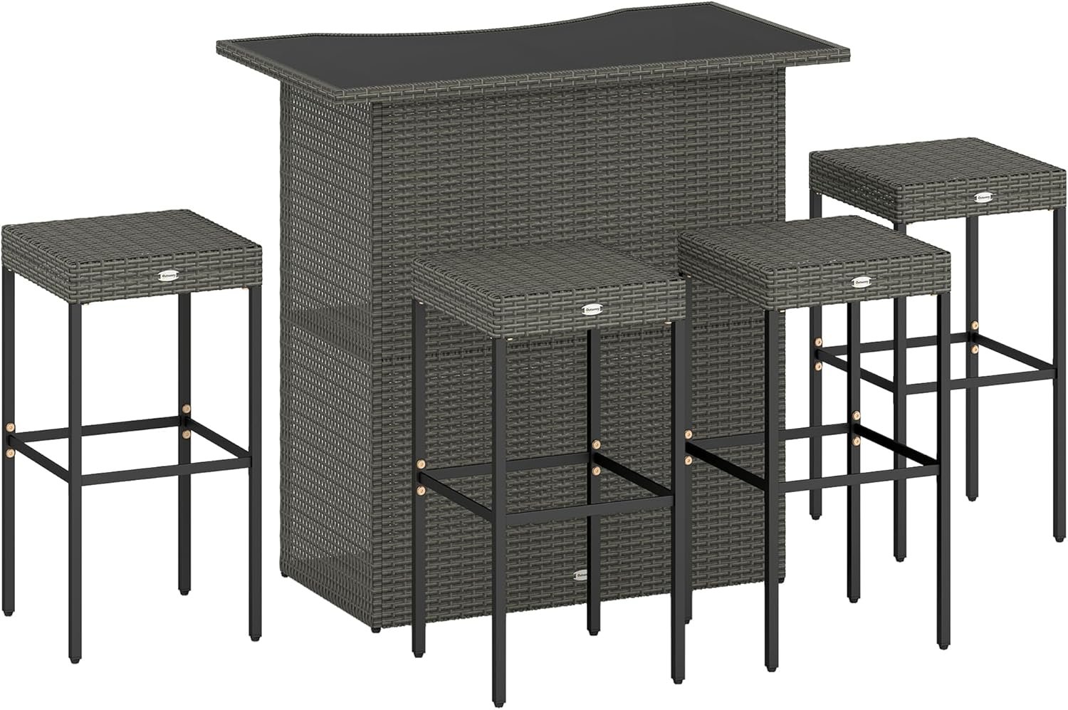 Outsunny 5 Piece Wicker Outdoor Bar Set, High Top Outdoor Table and Chairs, Height Patio Set with Glass Table Top 2 Tier Storage Shelf and 4 Bar Stools for Garden, Poolside, Dark Gray