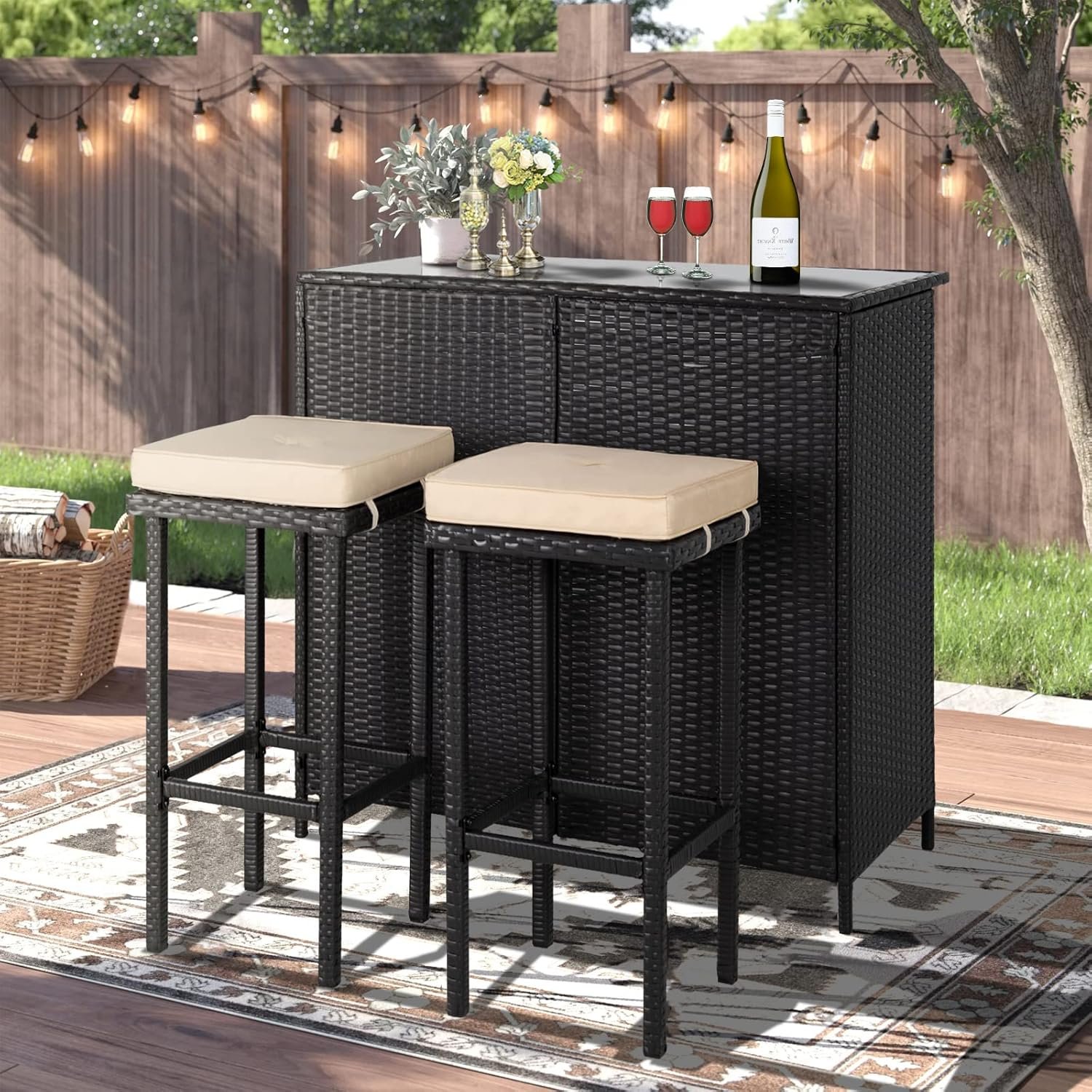 Incbruce Bar Set- Two Stools with Beige Cushions and One Table with a Glass Top, All-Weather Outdoor Wicker Furniture Set for Porches, Gardens or Poolside