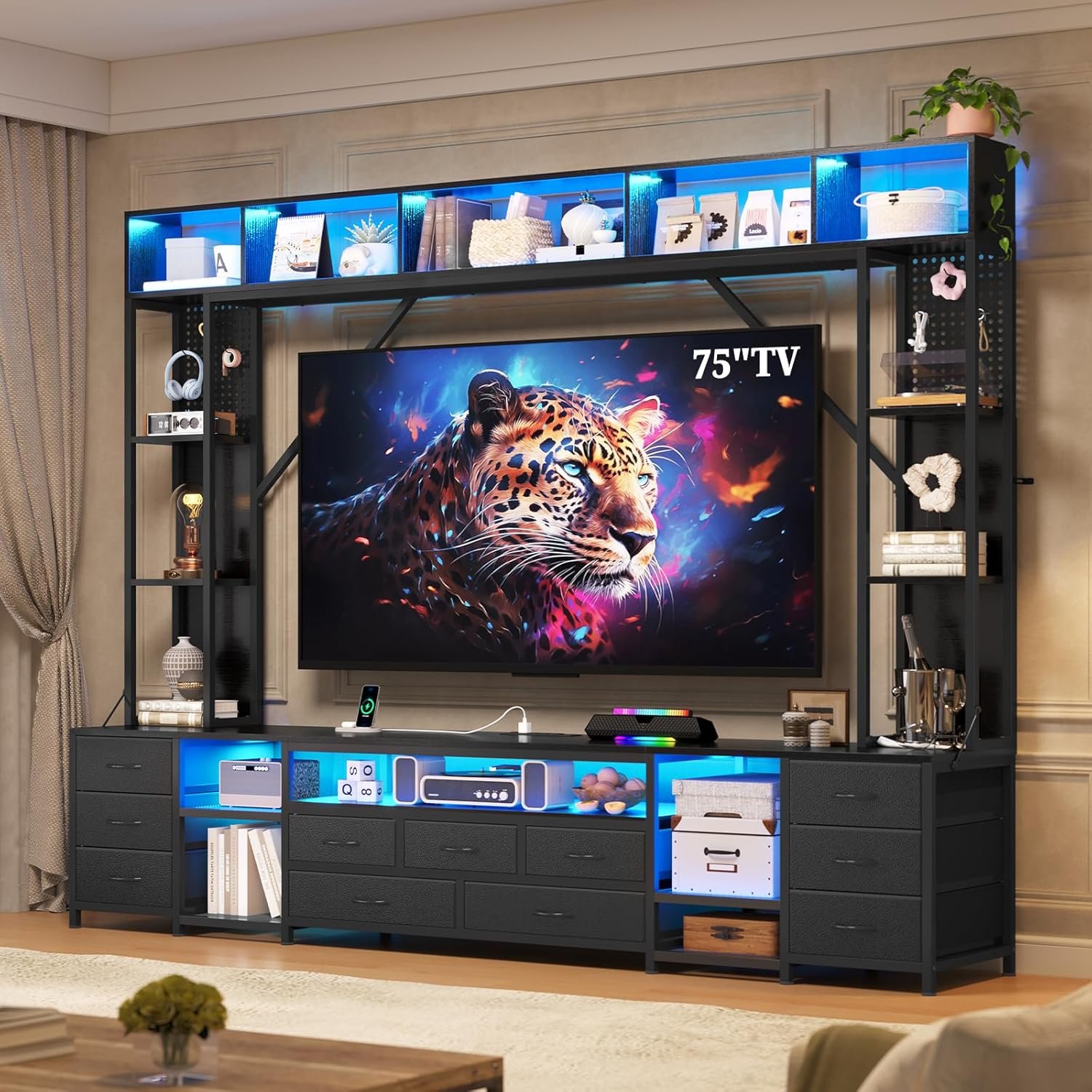 UPOSOJA Large Entertainment Center with 11 Fabric Drawers & LED Lights, Wall Unit TV Stand for Living Room Bookshelves for TVs up to 45″-75″, Modern Industrial Style TV Stand