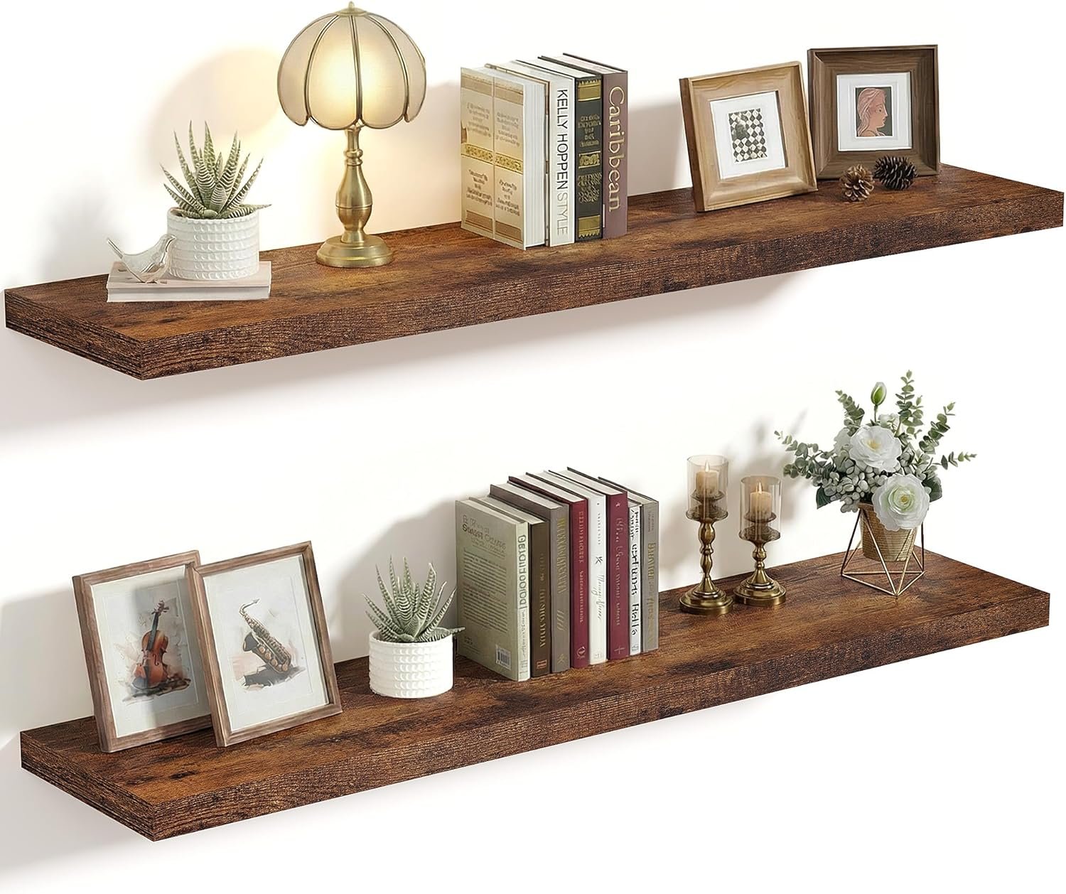 Vivelove 10 Inch Deep Floating Shelves 36 inch Long, 36 x 10 Wide Wall Shelves with Invisible Brackets, for Bedroom Bathroom Living Room Kitchen Office, Farmhouse Home Decor, Set of 2, Rustic Brown