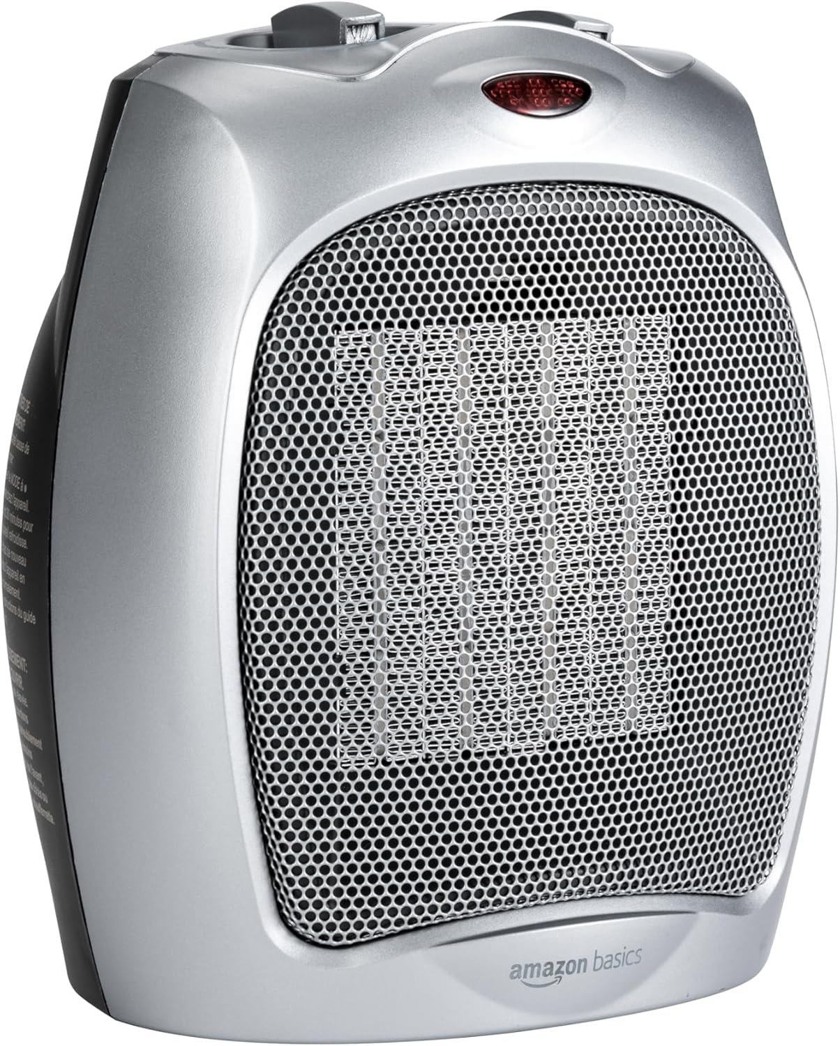 Amazon Basics Ceramic Space Heater, Portable Indoor Heating Solution, With Overheat and Tip-Over Protection, Thermostat, Non-Oscillating, 1500W, Fast Heating, 7.52″D x 6.34″W x 9.45″H, Silver