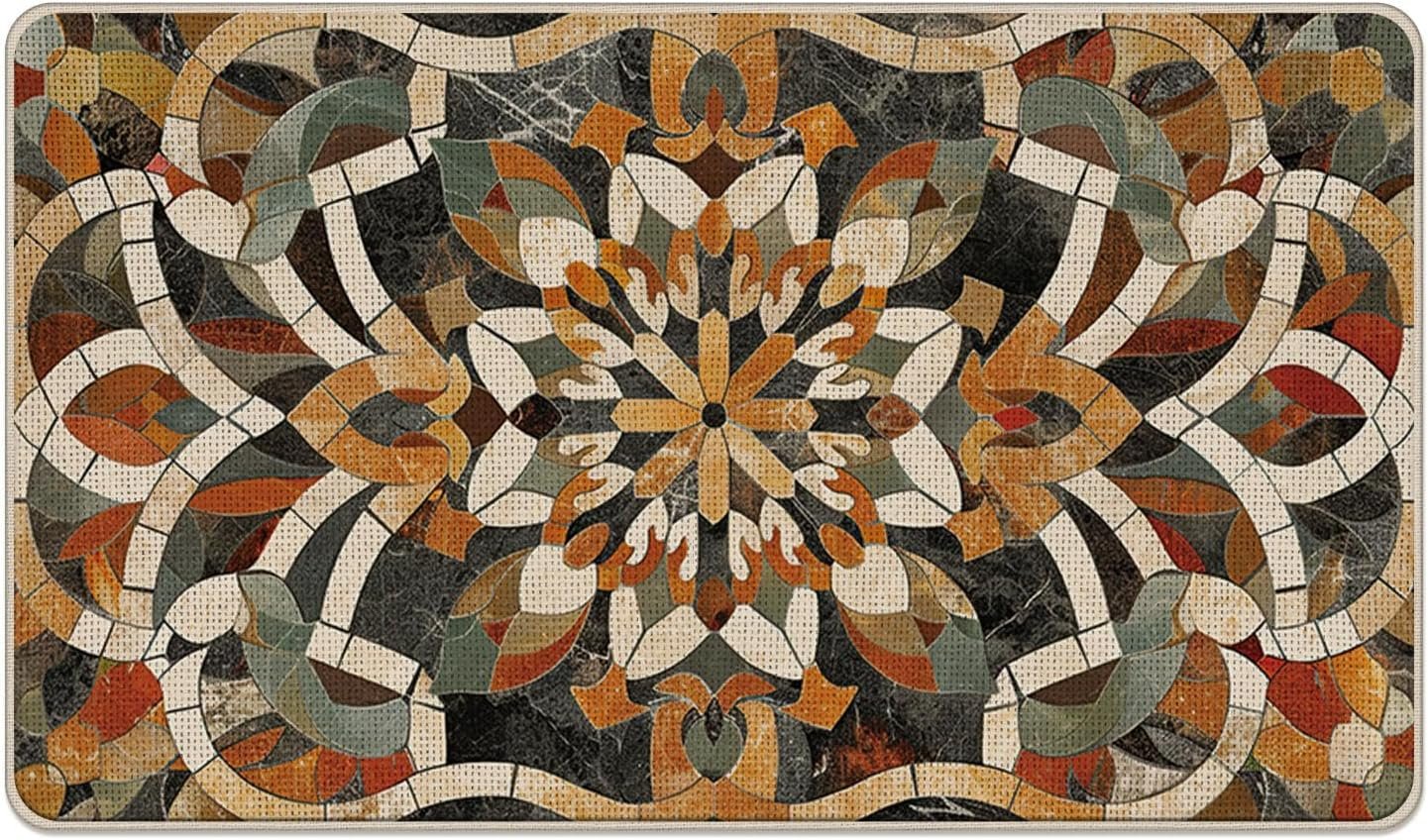 Vintage Floral Mosaic Welcome Front Door Mat, Retro Flower Abstract Geometric Decorative Doormat Non-Slip Floor Entryway Rug, Modern Low Profile Indoor Outdoor Home Kitchen Decor 17” x 29”