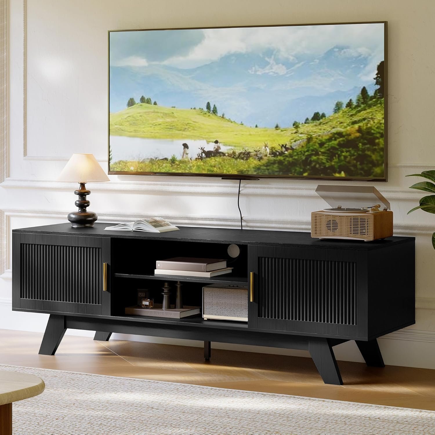 ChooChoo 59.5″ Fluted TV Stands for 65 Inch TV, Mid Century Modern Entertainment Center with Storage and Adjustable Shelf, Long TV Console Media Table for Living Room, Bedroom, Black