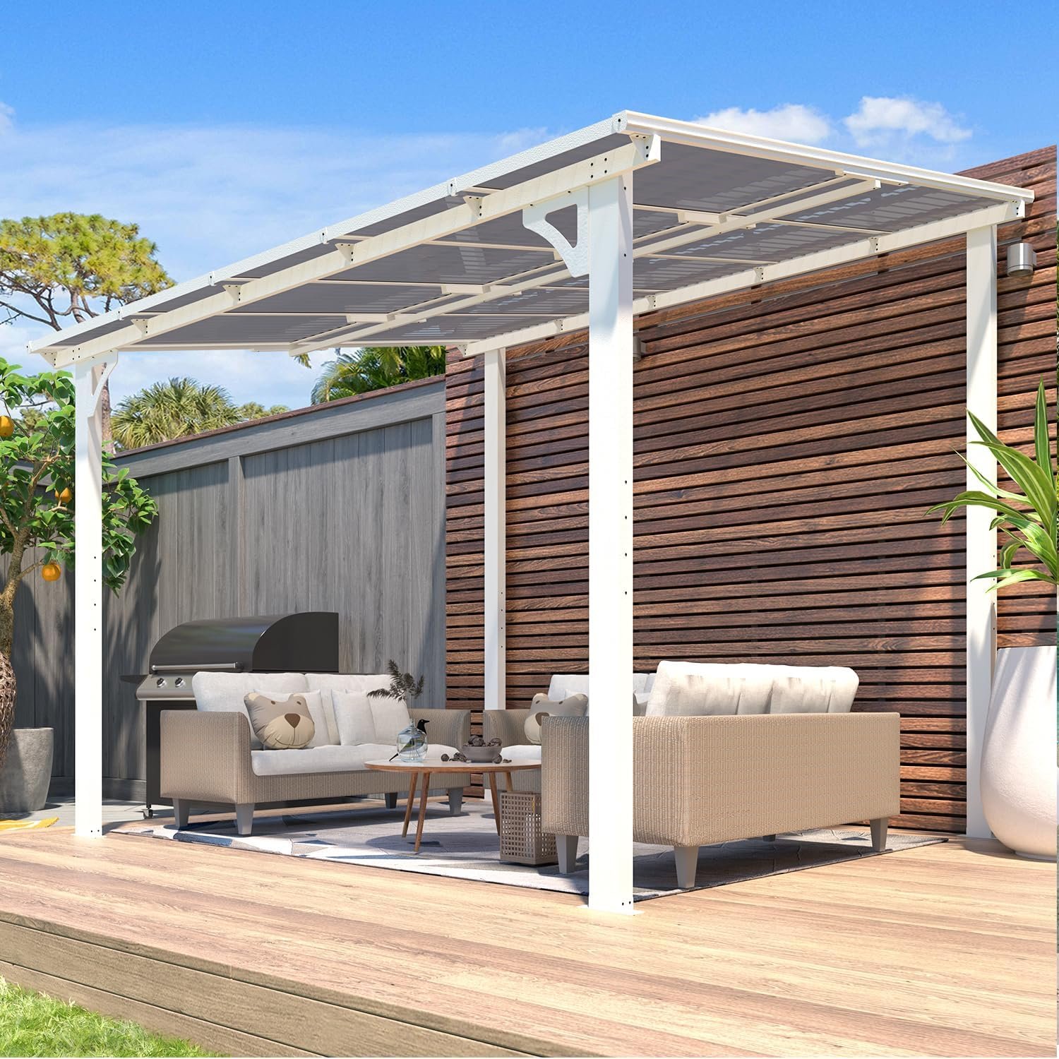 AECOJOY 10′ x 8′ Pergolas and Gazebos on Clearance in White, Large Wall Mounted Pergola, Outdoor Patio Lean to Gazebo Metal Awnings for Decks,Patio, Porch, Backyard and More
