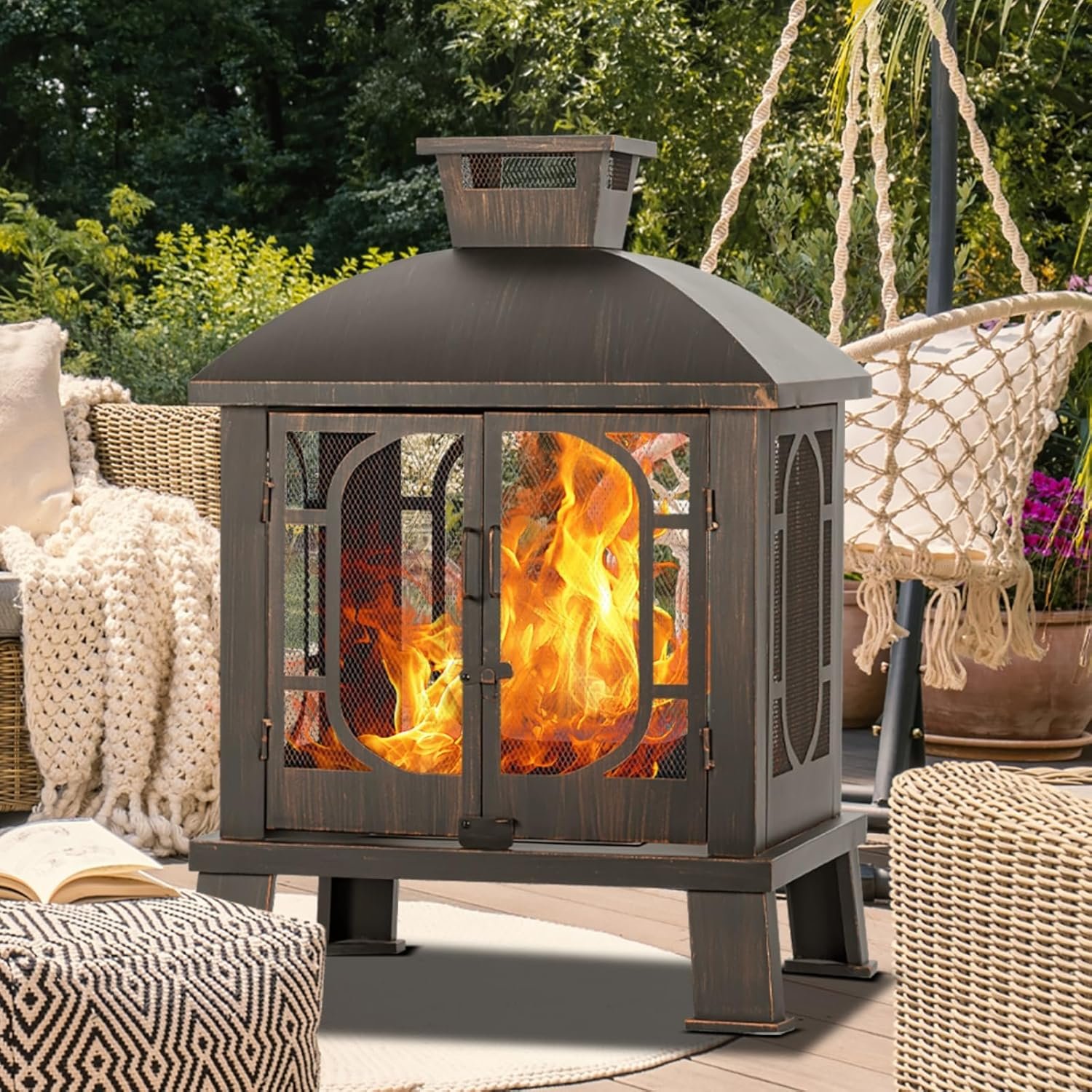 Panovue 45″ H×31”W Metal Chiminea Fire Pit with Grill, Wood Burning Fire Pits for Outside,Square Chimineas Fireplace with Mesh Spark Screen Door& Fire Poker for Garden,Yard,BBQ,Bonfire (Black&Gold)