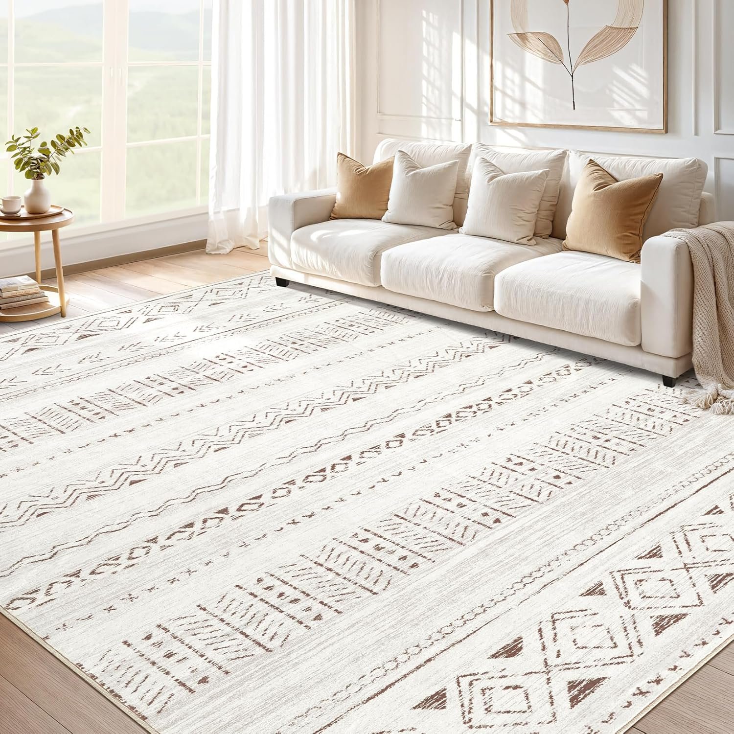 cotiled 5×7 Area Rugs Living Room Rug: Washable Boho Rugs with Non Slip Backing Large Soft Indoor Stain Resistant Carpet for Bedroom Farmhouse Dining Room Lightweight Home Decor L Brown/Cream