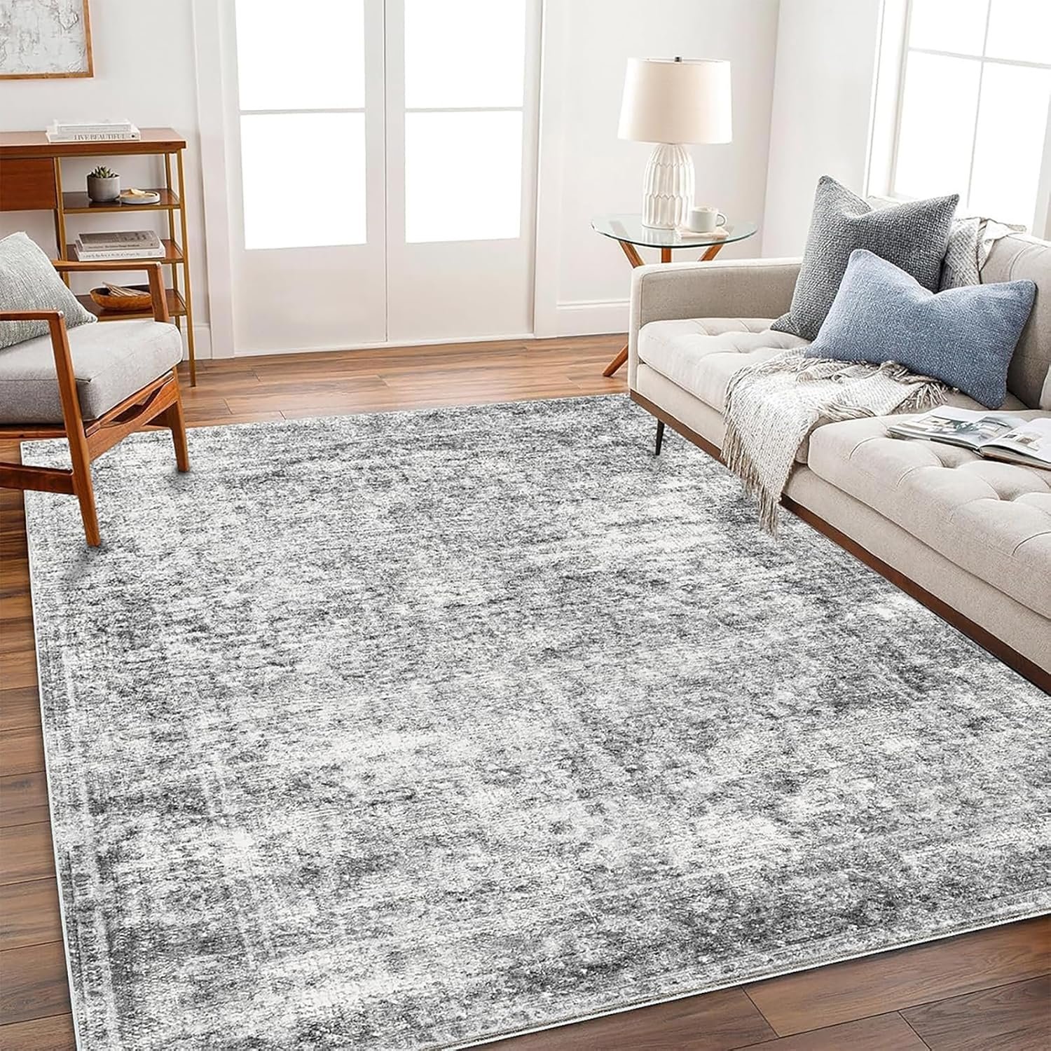 CHAMPLANT 5×7 Washable Area Rug Gray Vintage Traditional Floor Cover Foldable Thin Kitchen Accent Indoor Distressed Non Slip Carpet Floral Print Mat Bedroom Living Room Bathroom
