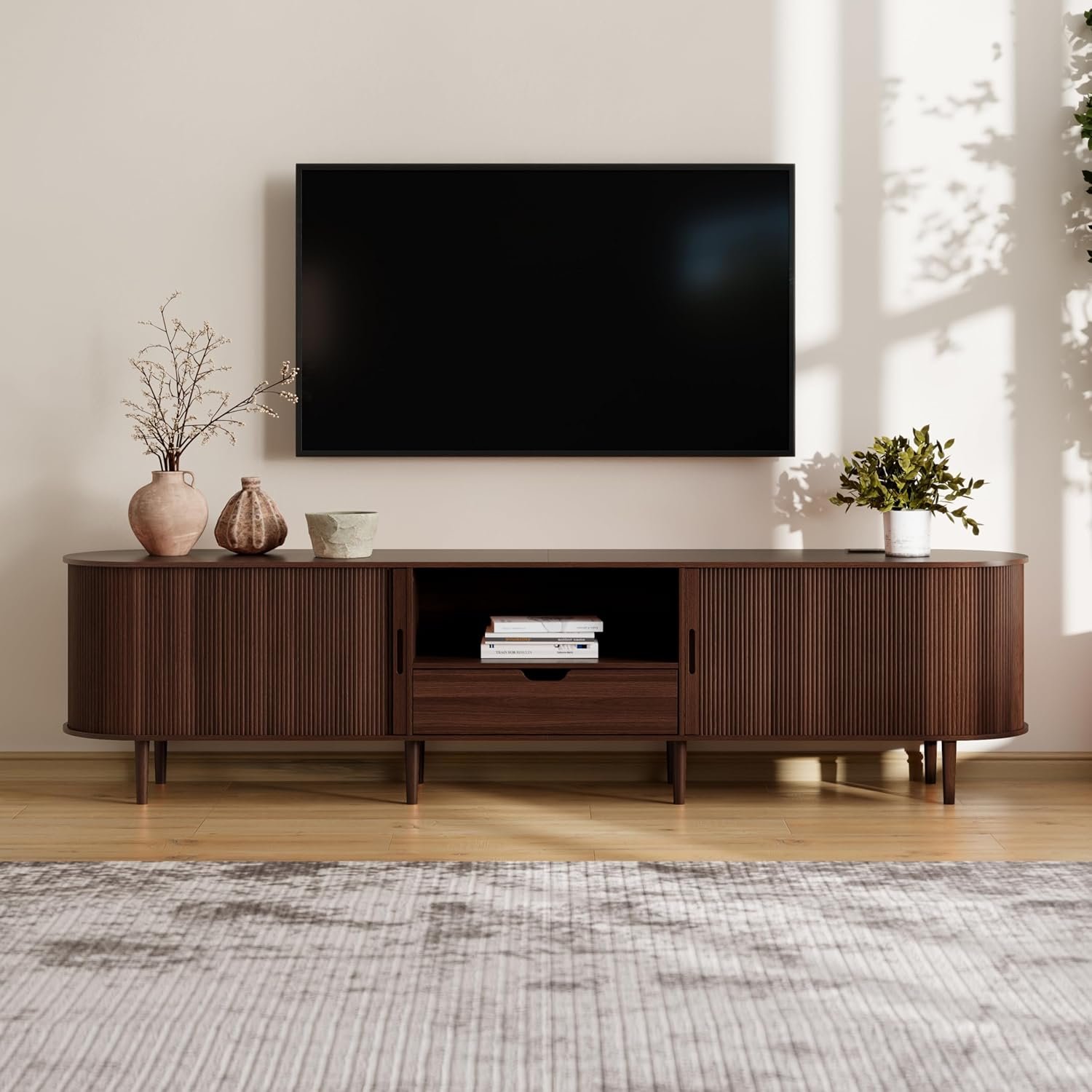DHH 86.6″ Fluted TV Stand with Power Outlet for TVs up to 90″, TV Console with Adjustable Shelves and Sliding Door,Mid Century Modern Entertainment Center for Living Room,Bedroom (Walnut, 86.6Inch)