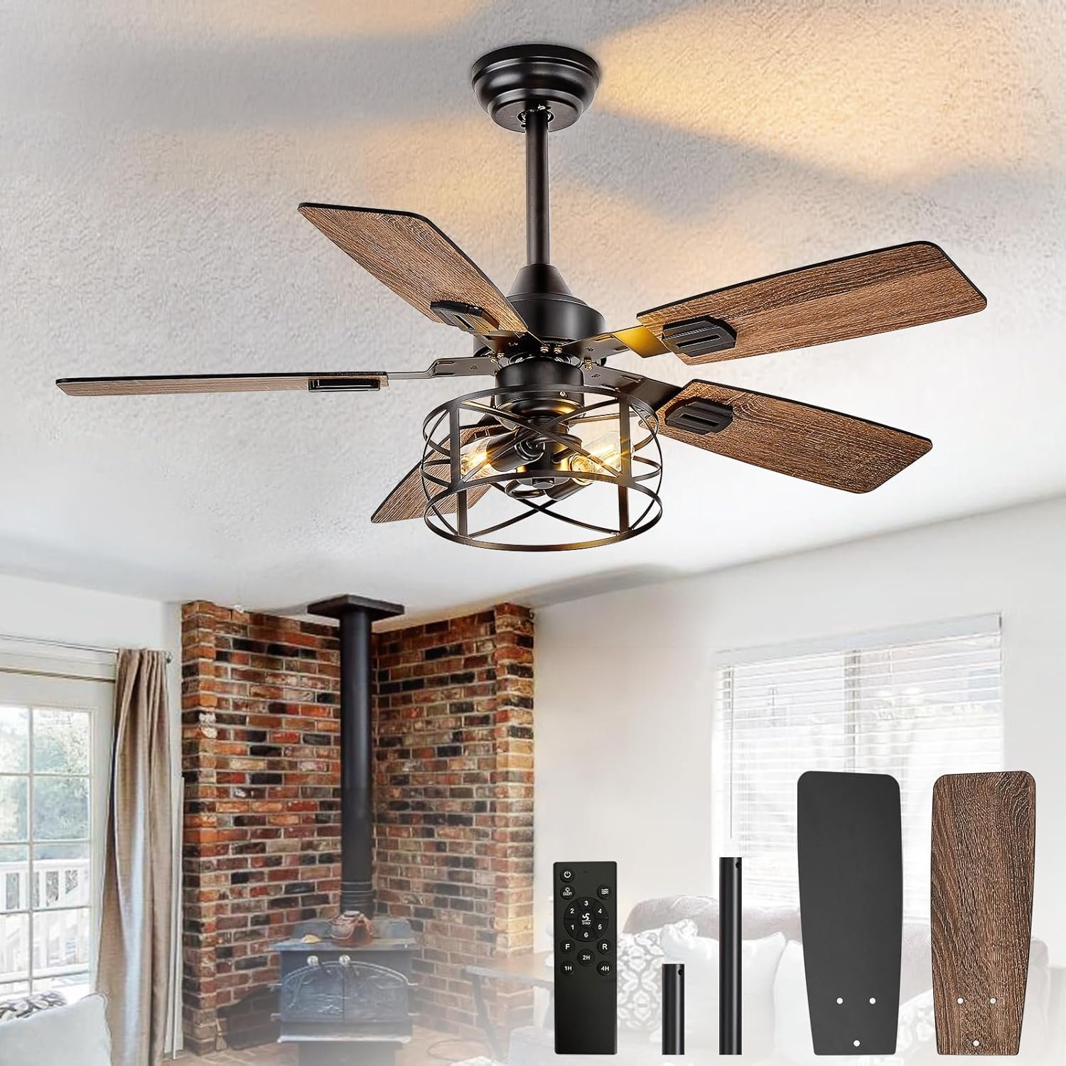 Depuley 42-Inch Ceiling Fans with Lights: Caged Ceiling Fans Dual Finish 5 Blades – Rustic Ceiling Fan with Remote Control for Farmhouse Living Room Outdoor Porch Noiseless (Black Walnut)