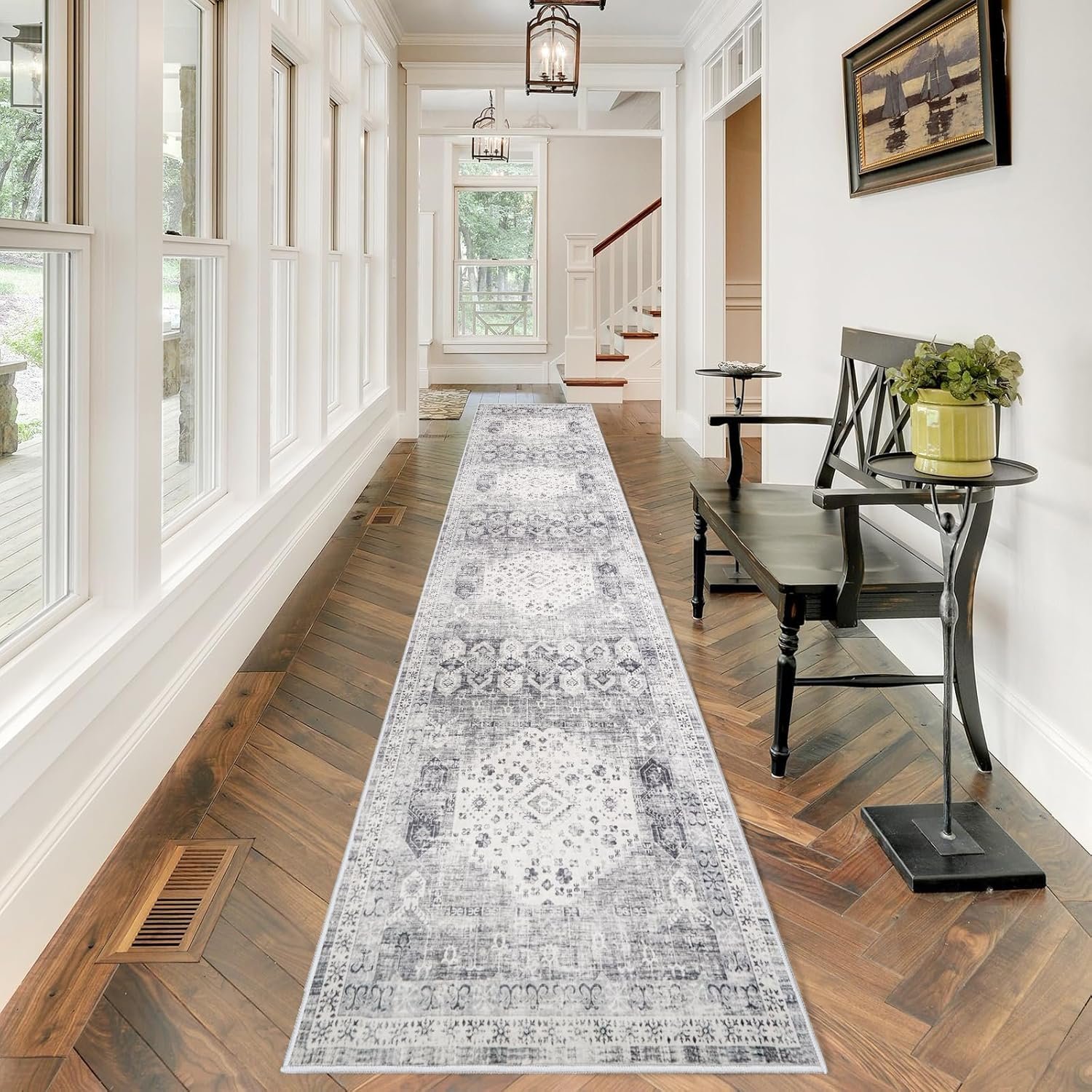 RUUGME 2’6×12 Hallway Runner Rug – Vintage Washable Kitchen Rugs with Non Slip Backing Soft Stain Resistant Carept for Living Room Bedroom Indoor Home Decor Floor Mat for Bathroom (2’6”x12′, Grey)