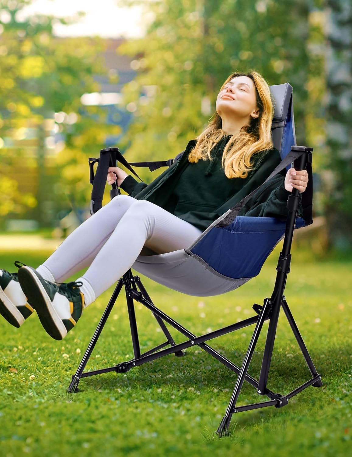 Docusvect Hammock Camping Chair – 3 Heights Portable Hammock Chair Camping with Adjustable Backrest, Headrest, Padded Seat, Cup Holder – 450 LBS Heavy Duty