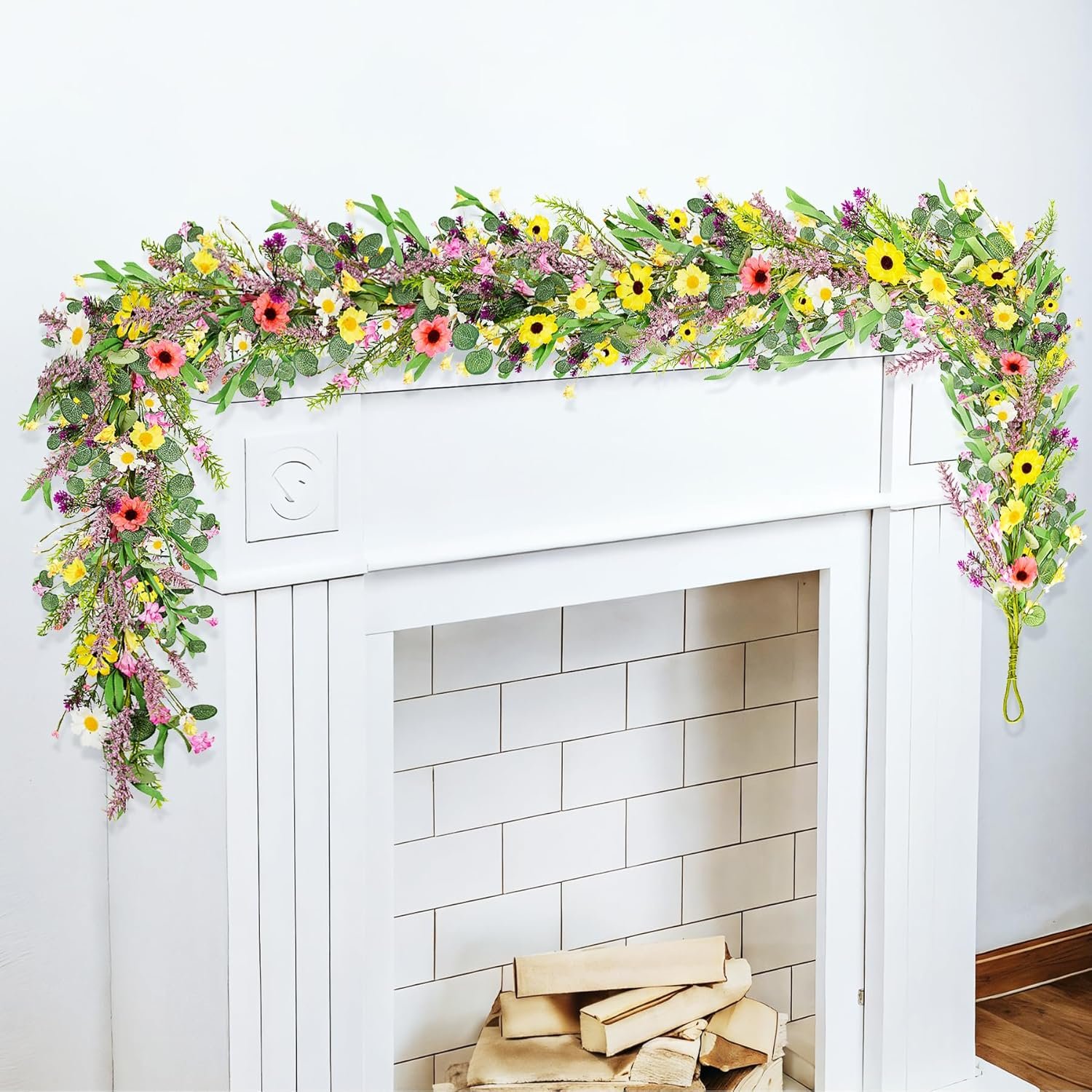 6FT Wildflower Garland, Artificial Spring Floral Garland with Eucalyptus Leaves, Fake Flower Garland for Mantle Fireplace, Wedding Arch, Summer Home Decor, Spring Mantel Garland
