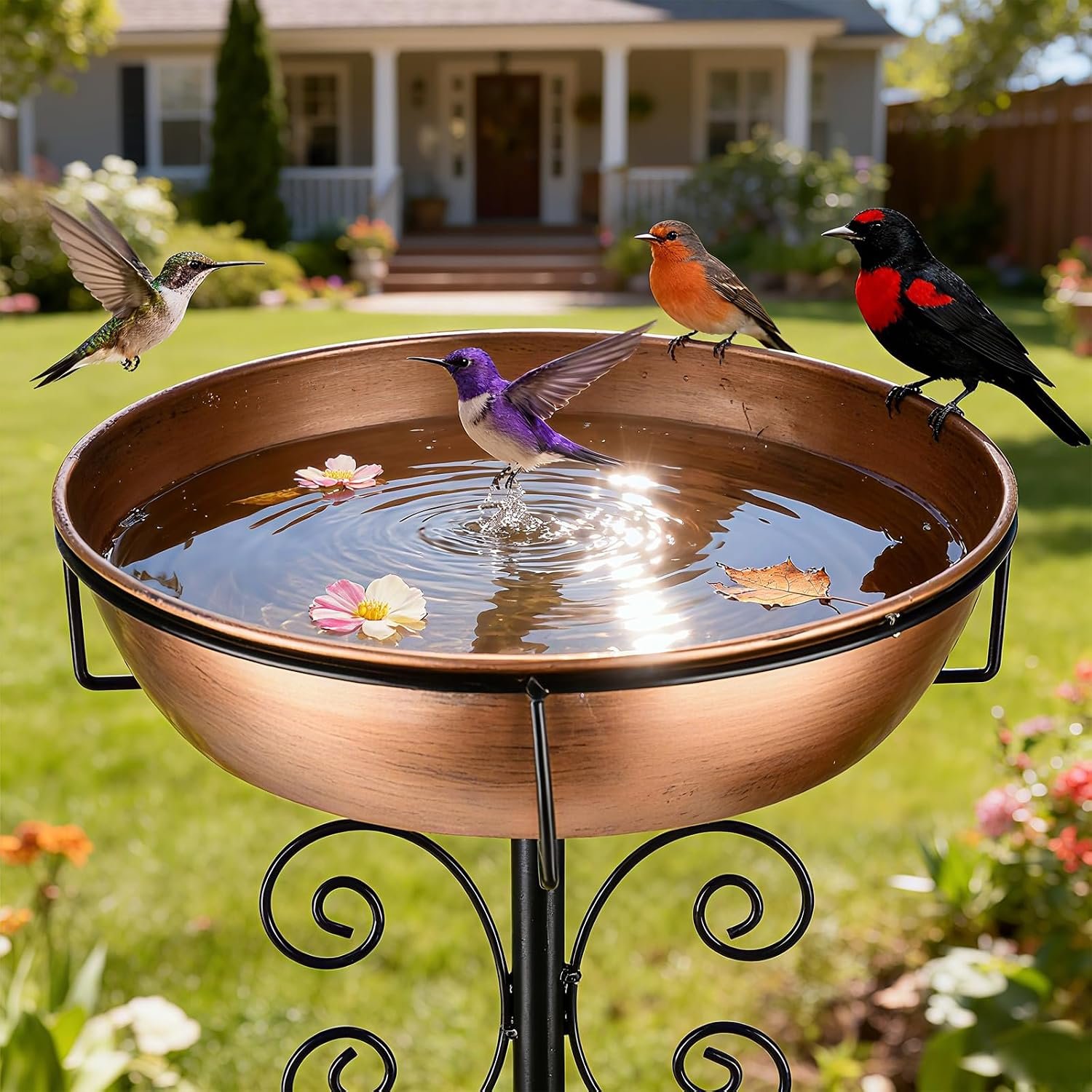3″ Deep 43″ Tall Metal Bird Bath for Outdoors, 12″ Dia Removable Bird Baths Water Bowl for Outside, Vintage Standing Birdbaths with Stable Stake for Garden Yard Lawn Decor 1.4 Gallon