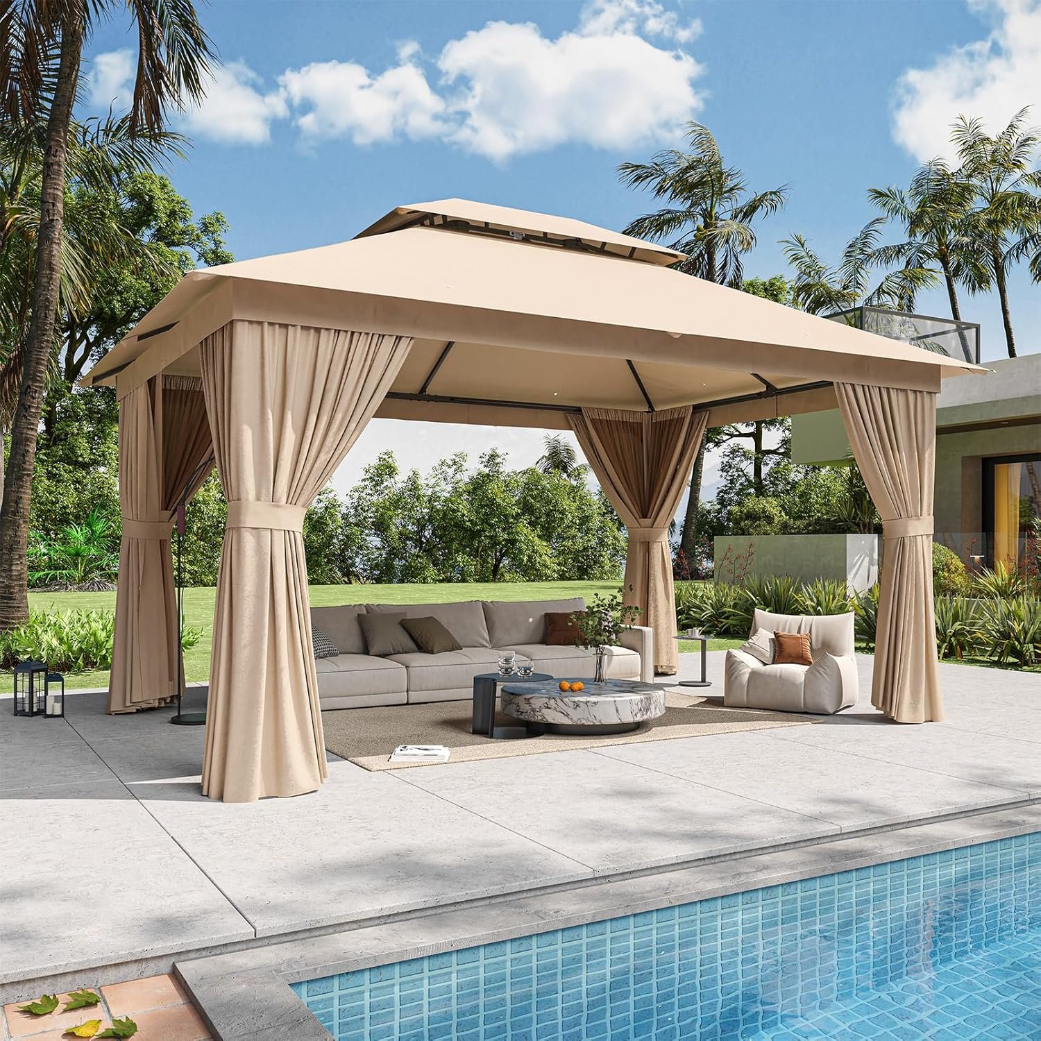 12’x10′ Gazebo, Outdoor Gazebo Metal Frame Canopy with Double Roofs, Heavy Duty Patio Tent Shelter with Mosquito Netting and Privacy Screen for Backyard, Beige